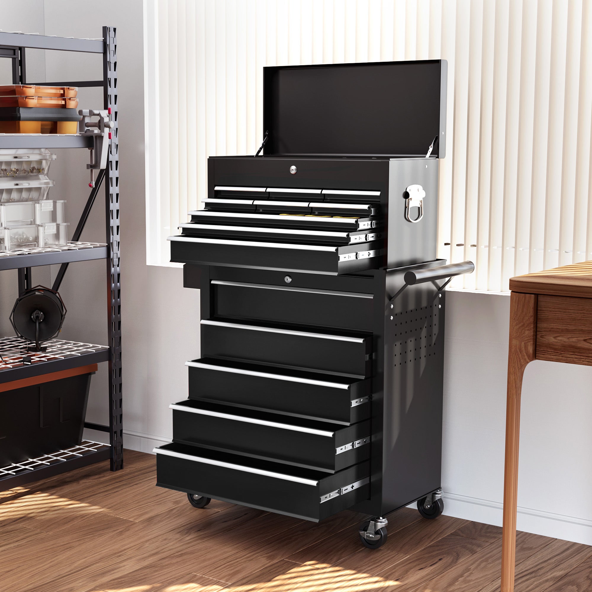 HOMCOM 19 Drawer, Two-Part Tool Storage Chest on Wheels - Black - North Peak Garden Furniture