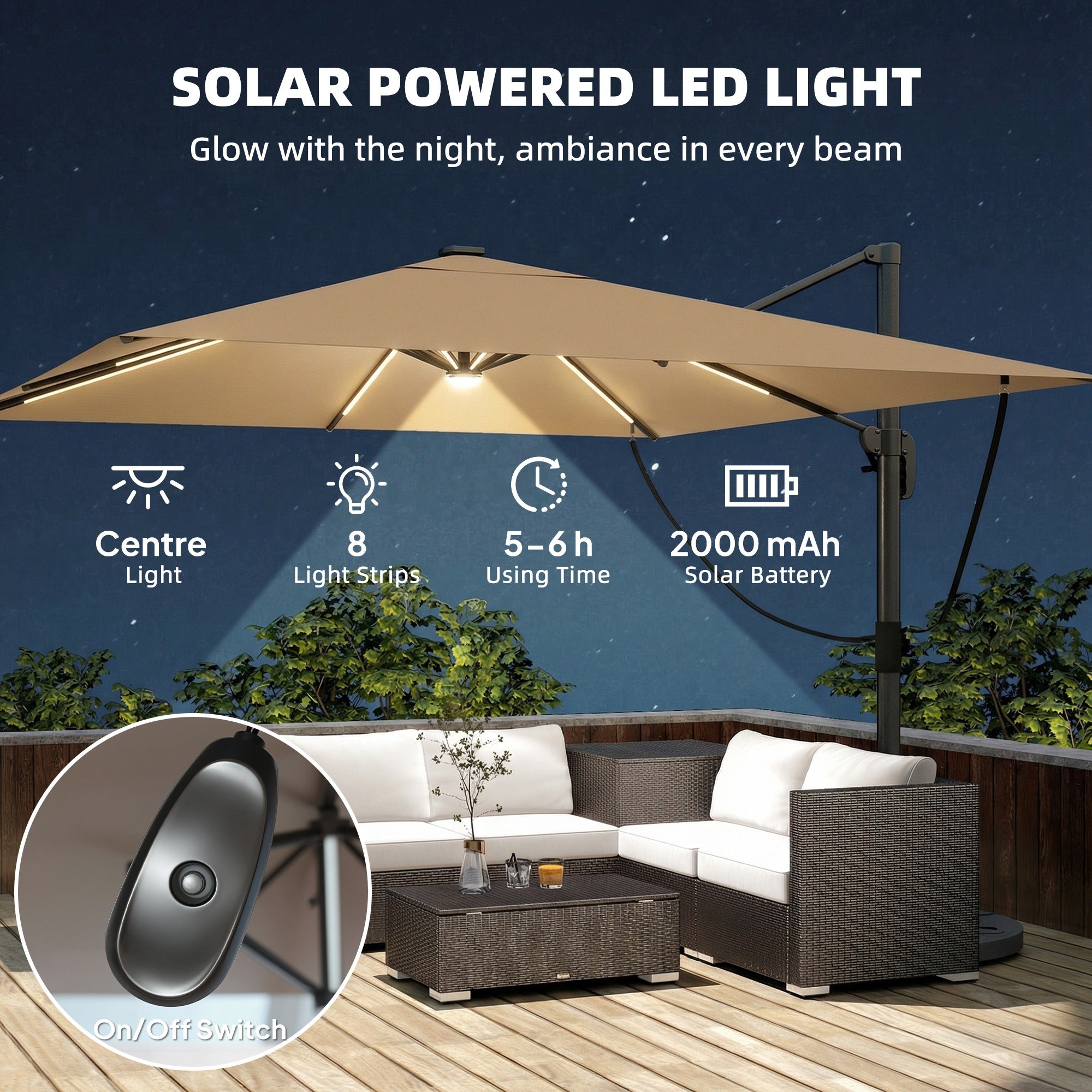 Outsunny 3 x 3 m Garden Cantilever Parasol with Light, Umbrella with Wind Protection, 360° Rotation, Khaki