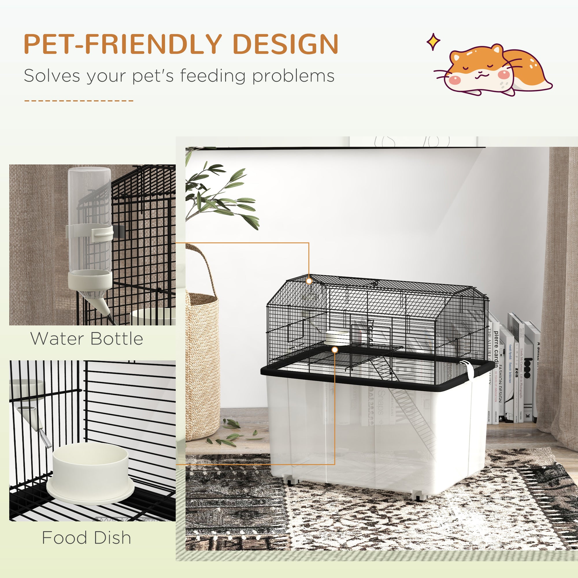 PawHut Two-Tier Gerbil Cage, Hamster Cage for Dwarf Hamster, Syrian Hamster w/ Wheels, Deep Bottom, Food Dish, Water Bottle - North Peak Garden Furniture