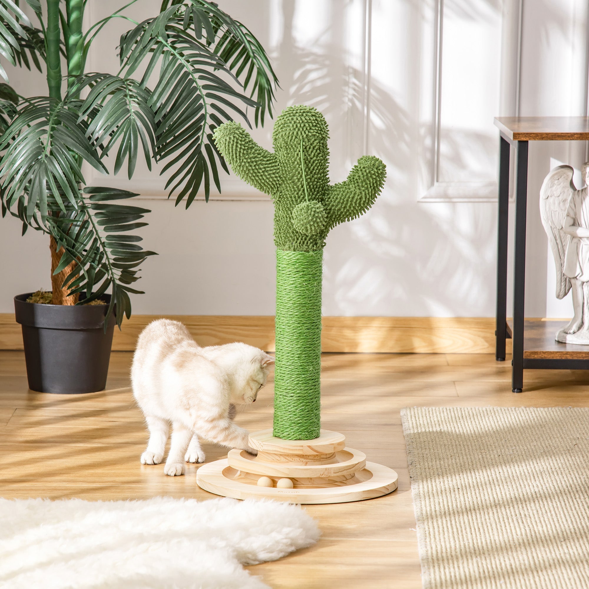 PawHut Cat Tree Cactus Sisal Scratching Post for Indoor Cats Play Tower Kitten Furniture with Hanging Ball Interactive Fun Roller Exerciser 32 x 32 x 60cm - North Peak Garden Furniture