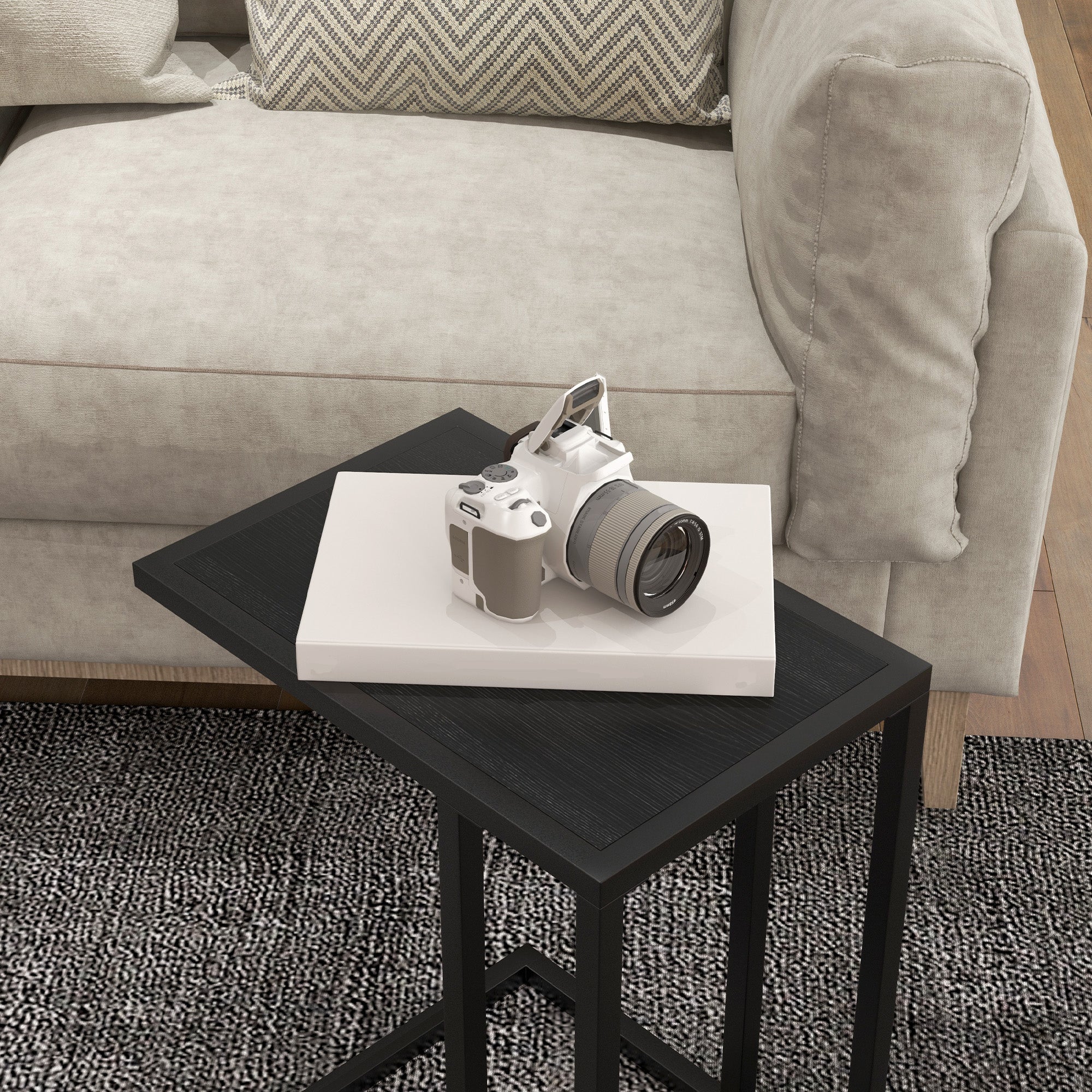 HOMCOM C Shape Bedside Table w/Metal Frame Wood-Effect Top Sofa Narrow Snack End Table for Living Room, Black - North Peak Garden Furniture
