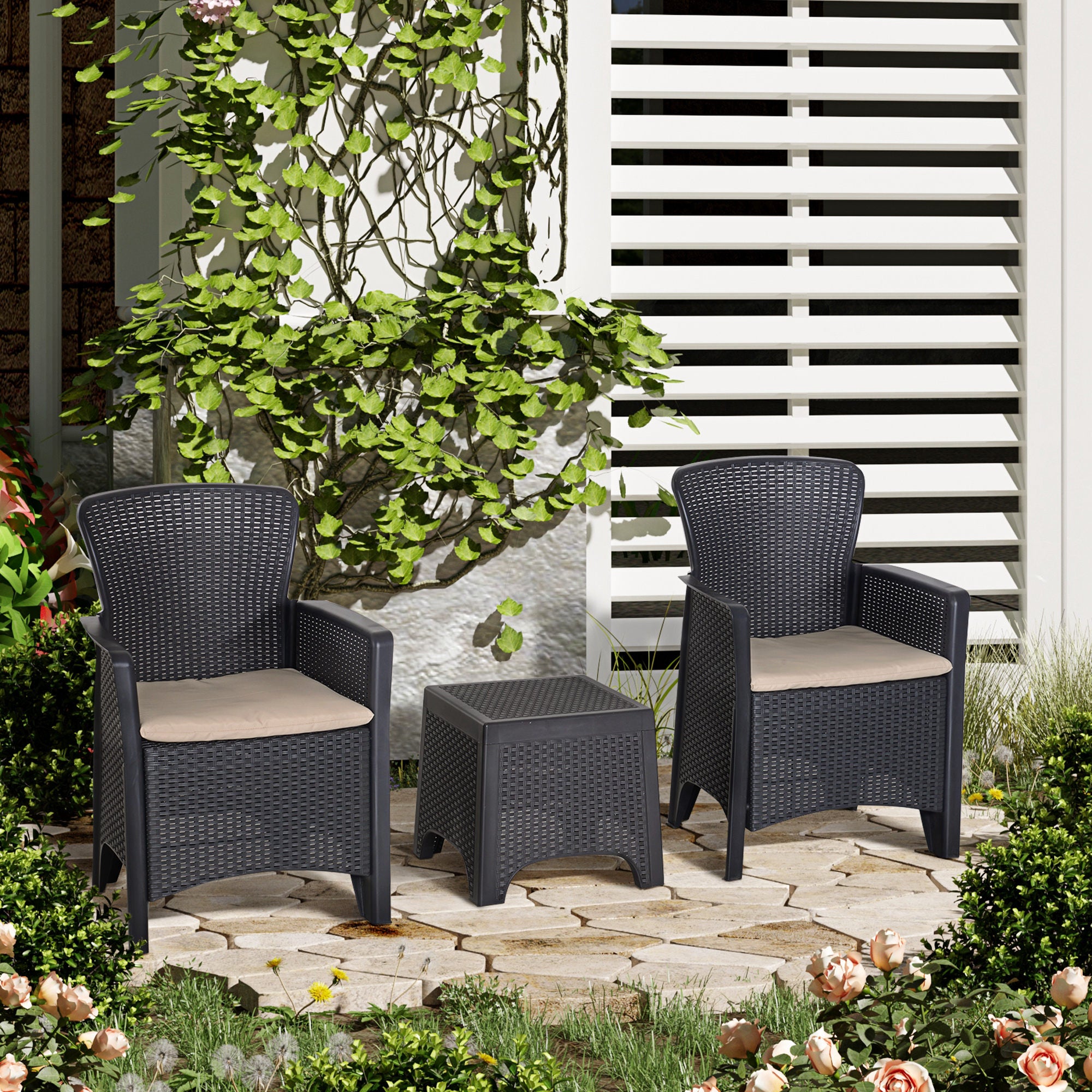 Outsunny 3 PCS Rattan Effect Garden Bistro Set 2 Chairs & Coffee Table Set with Cushion Patio Lawn Balcony Furniture - Dark Brown - North Peak Garden Furniture