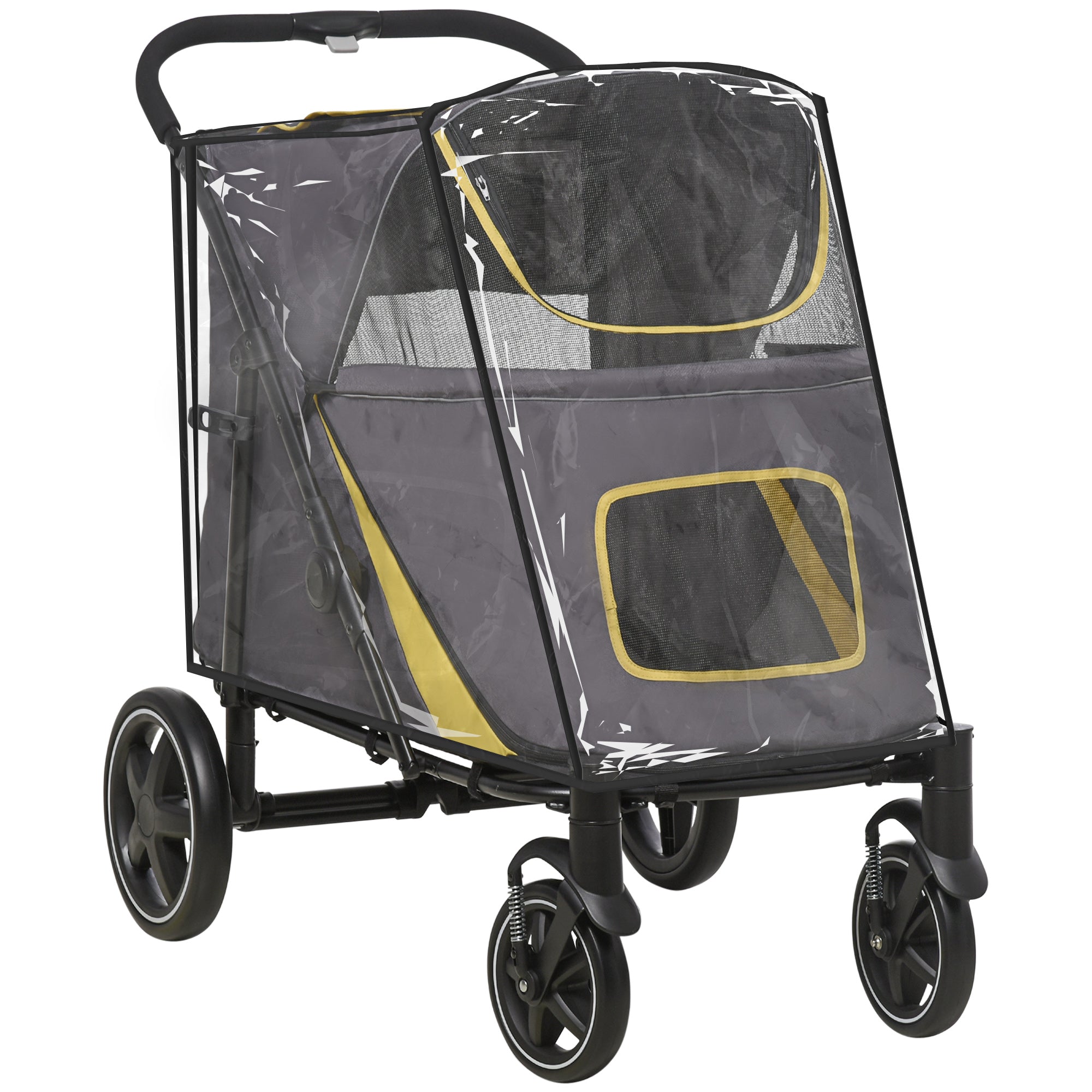 PawHut One-Click Foldable Pet Travel Stroller with Rain Cover, Cat Dog Pushchair with Universal Front Wheels, Shock Absorber, Storage Bags, Mesh Window, Safety Leash for Large and Medium Dogs (Grey) - North Peak Garden Furniture