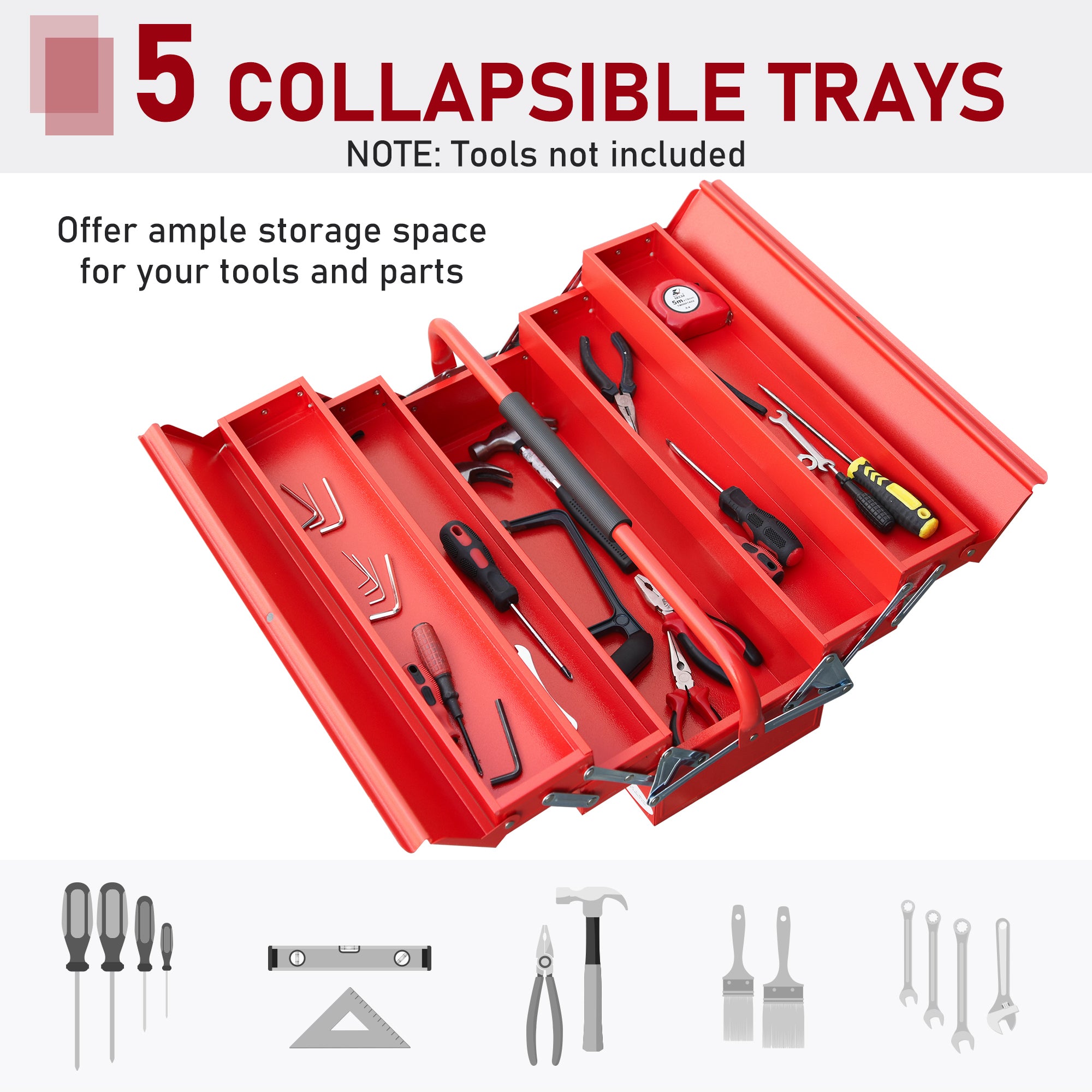 DURHAND Metal Tool Box 3 Tier 5 Tray Professional Portable Storage Cabinet Workshop Cantilever Toolbox with Carry Handle, 56cmx20cmx34cm, Red - North Peak Garden Furniture