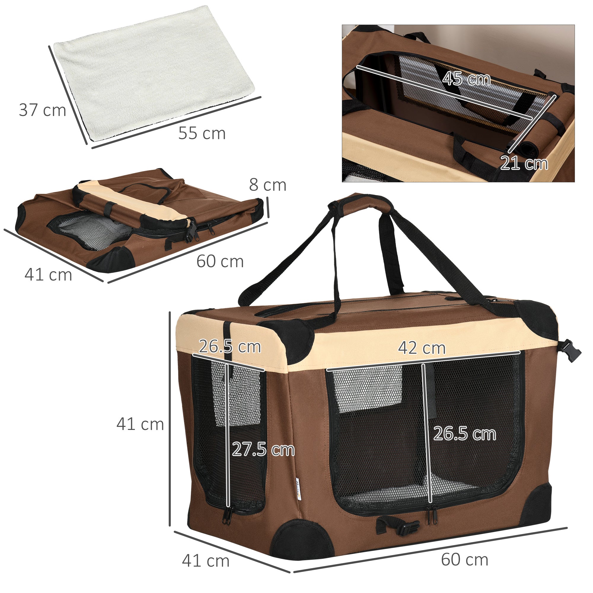 PawHut 60cm Foldable Pet Carrier, with Cushion, for Mini Dogs and Cats - Brown - North Peak Garden Furniture