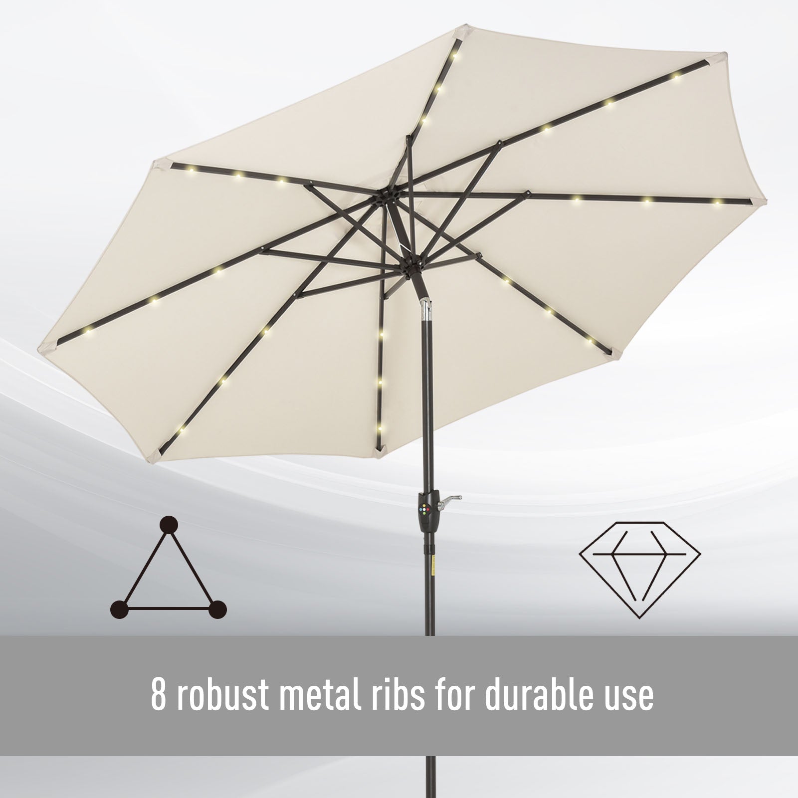 Outsunny Φ2.7m Garden 24 LED Light Parasol Solar Outdoor Tilt Sun Umbrella Patio Club Party Event Manual Sun Shade w/ Hand Crank and 8 Ribs, Off-white - North Peak Garden Furniture