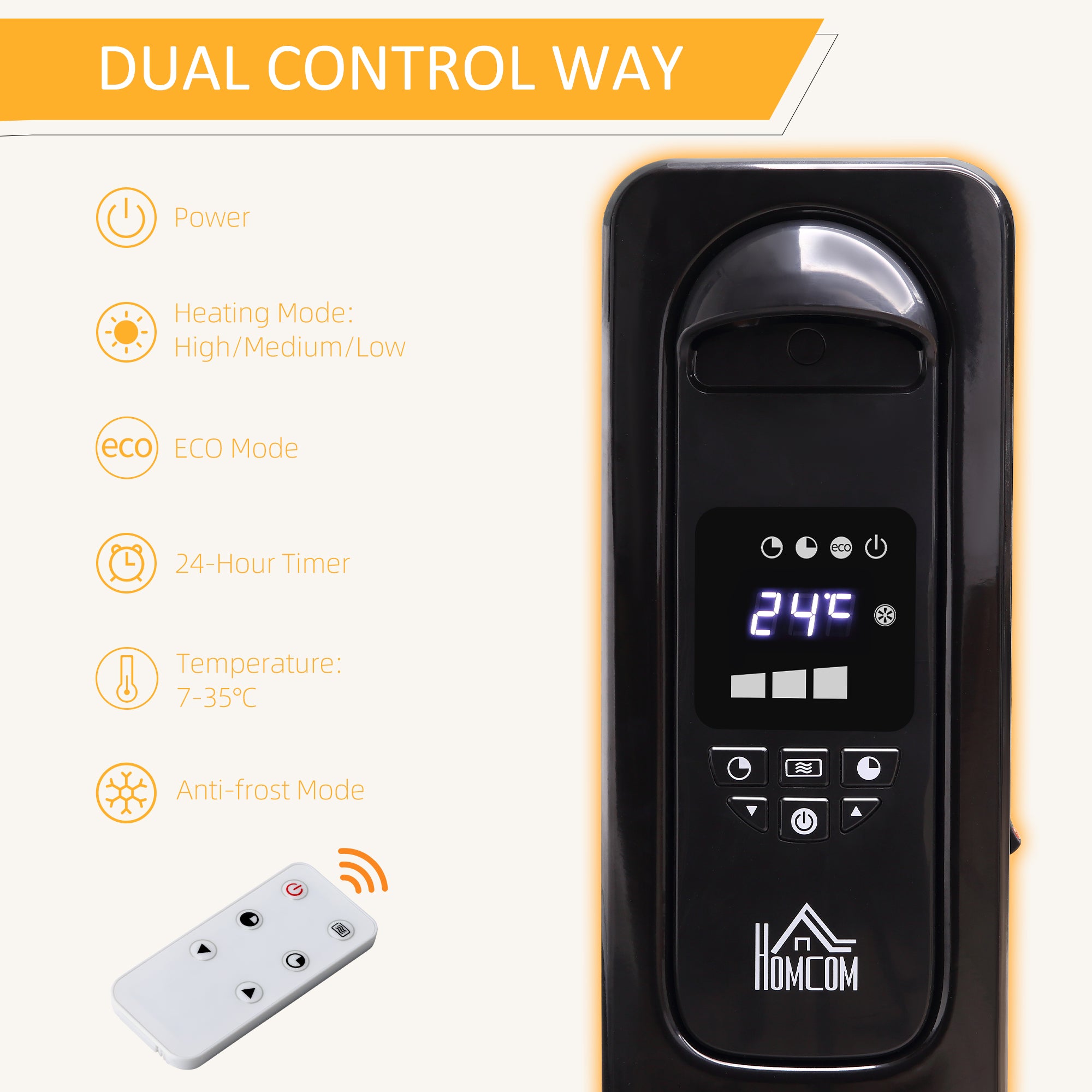 HOMCOM 2500W Digital Display Oil Filled Radiator, 11Fin Portable Electric Heater with Timer, Adjustable Thermostat, Three Heat settings, Safety Cut Off, Remote, Black - North Peak Garden Furniture
