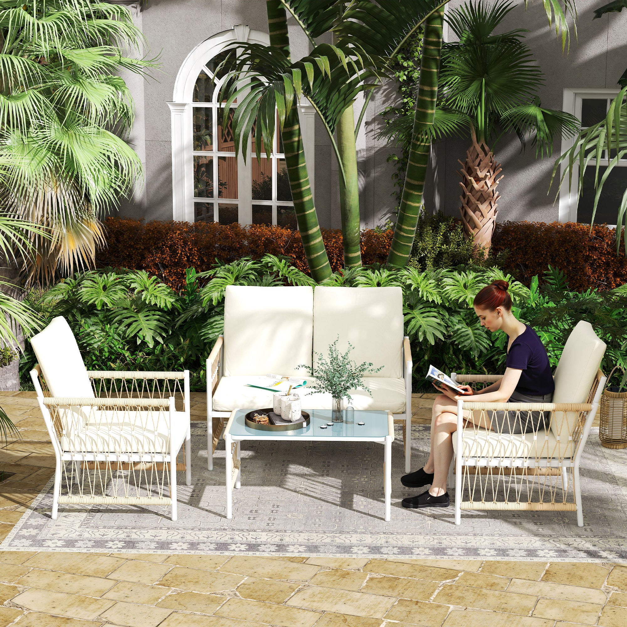 Outsunny 4 Piece Rattan Garden Furniture Set, 4 Seater Wicker Patio Conversation Set with 2 Armchairs, Loveseat, Glass Top Coffee Table and Cushions for Outdoor, Balcony, Khaki - North Peak Garden Furniture