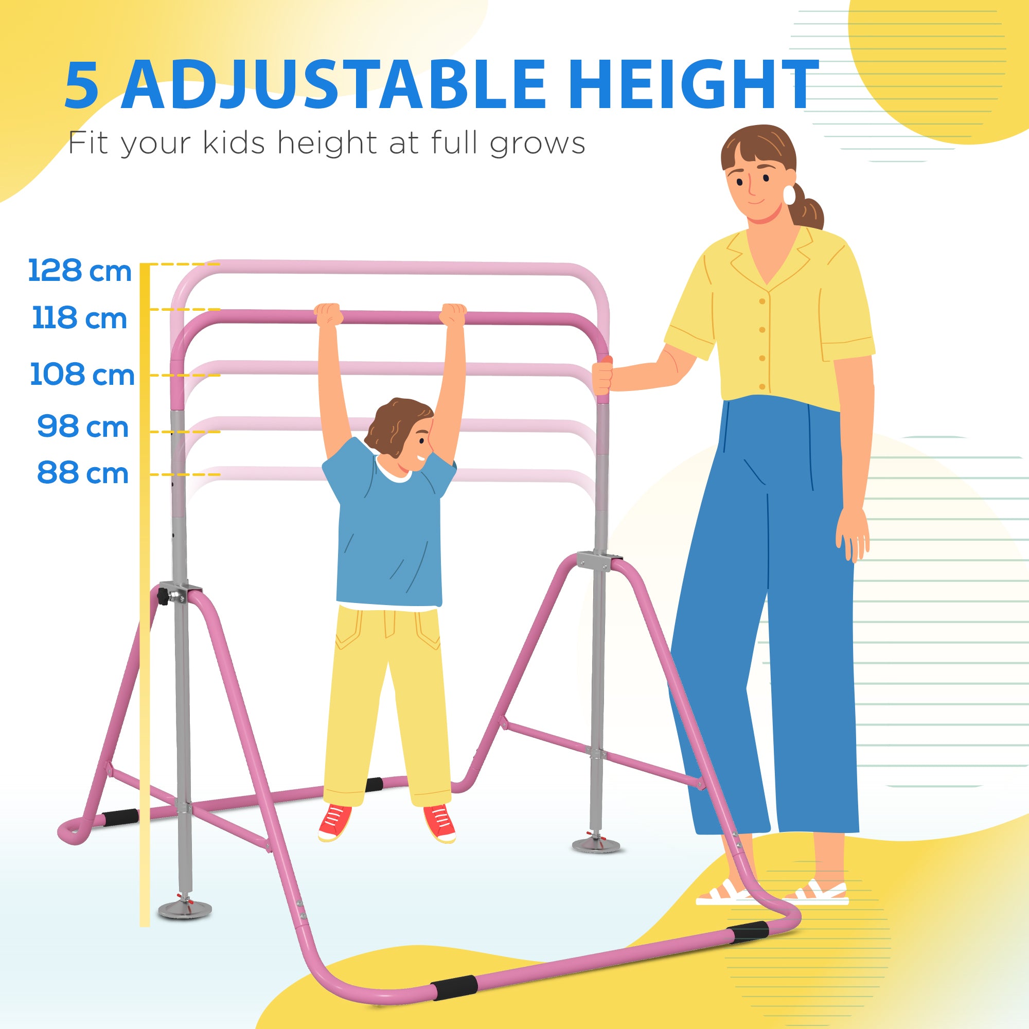 HOMCOM Kids Gymnastic Bar, with Adjustable Height, Foldable Horizontal Bars - Pink