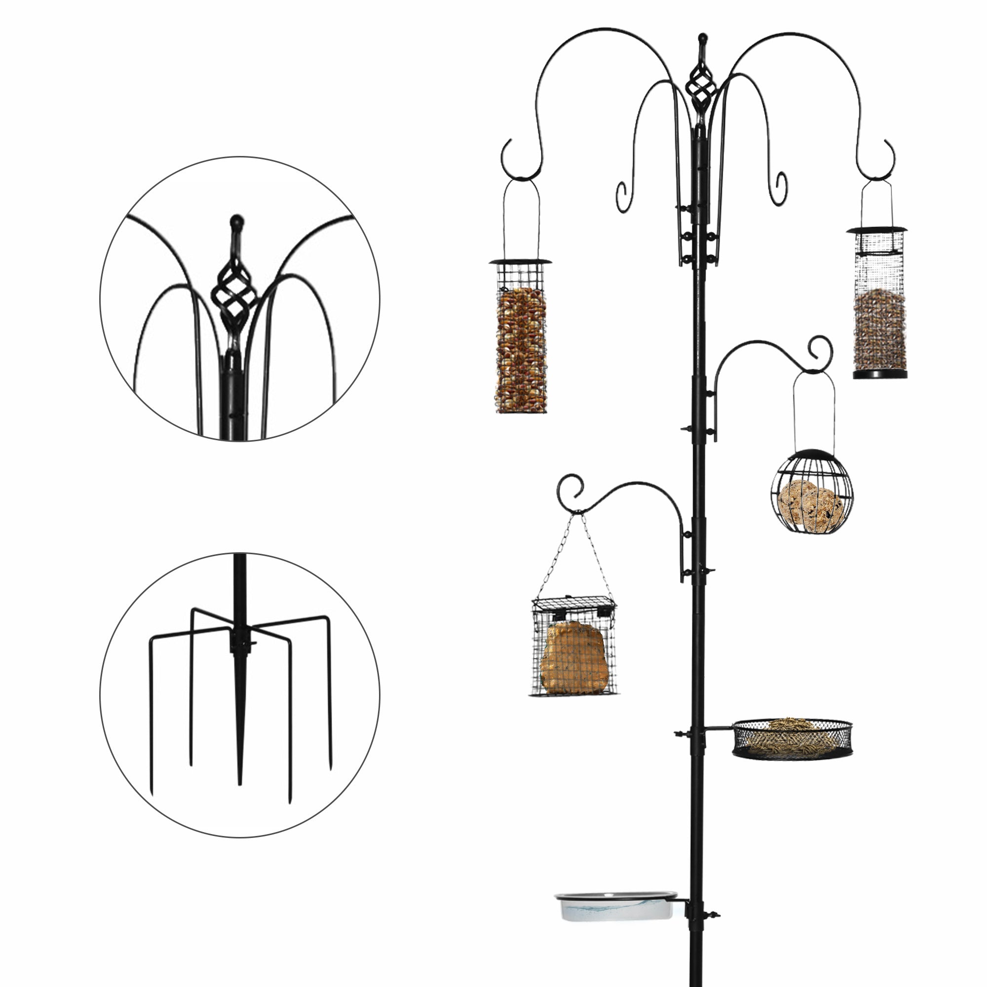 Pawhut Bird Feeding Station Kit, Wild Bird Feeder Pole with 6 Hooks, 4 Hanging Feeders for Peanuts, Seed, Fat Balls, for Garden, Outdoor, Black