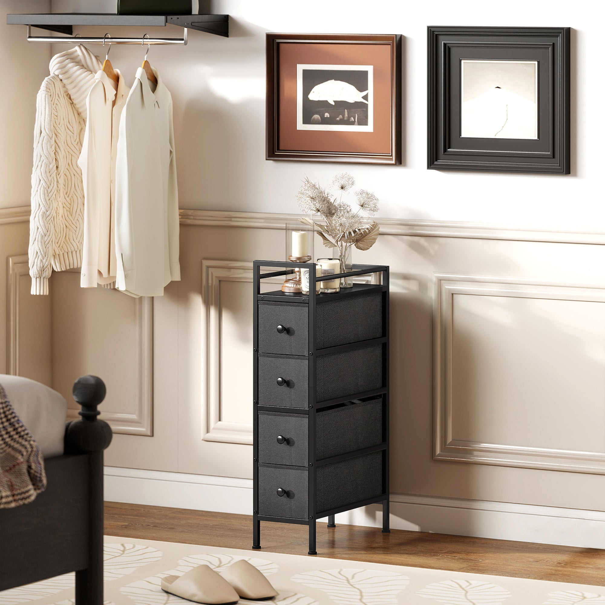 HOMCOM 4 Drawer Fabric Dresser Chest of Drawers, Slim Storage Cabinet with Steel Frame for Small Spaces, Bedroom, Black
