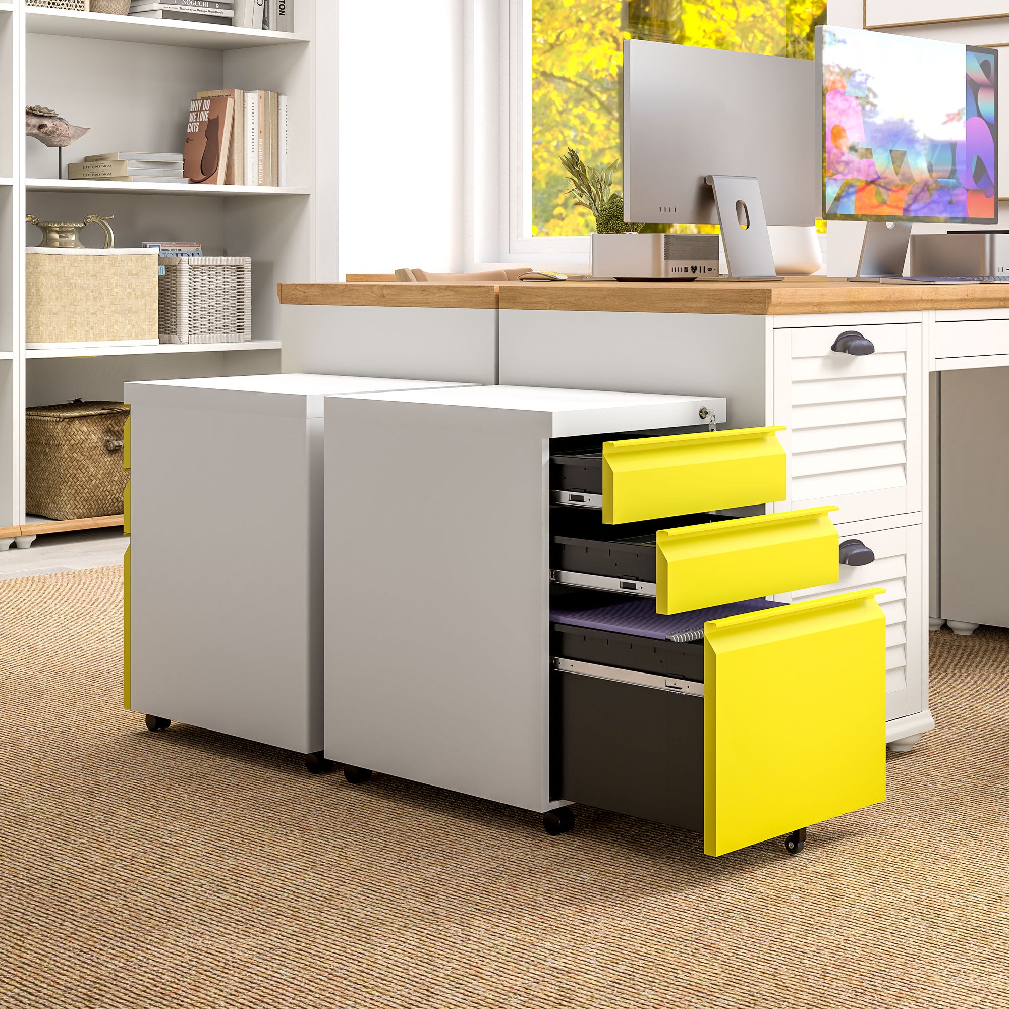 Vinsetto 3 Drawer Filling Cabinet, Mobile Metal File Cabinet with Anti-tilt Design for Letter, A4, Legal Size, Yellow - North Peak Garden Furniture