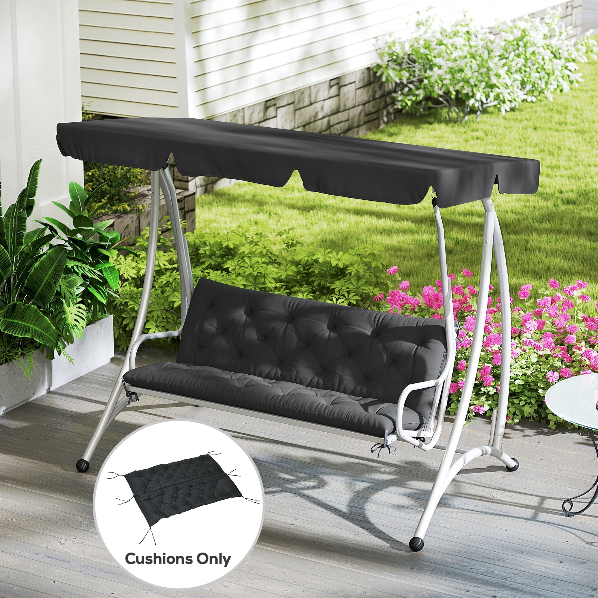 Outsunny 3 Seater Bench Cushion, Garden Chair Cushion with Back and Ties for Indoor and Outdoor Use, 98 x 150 cm, Black