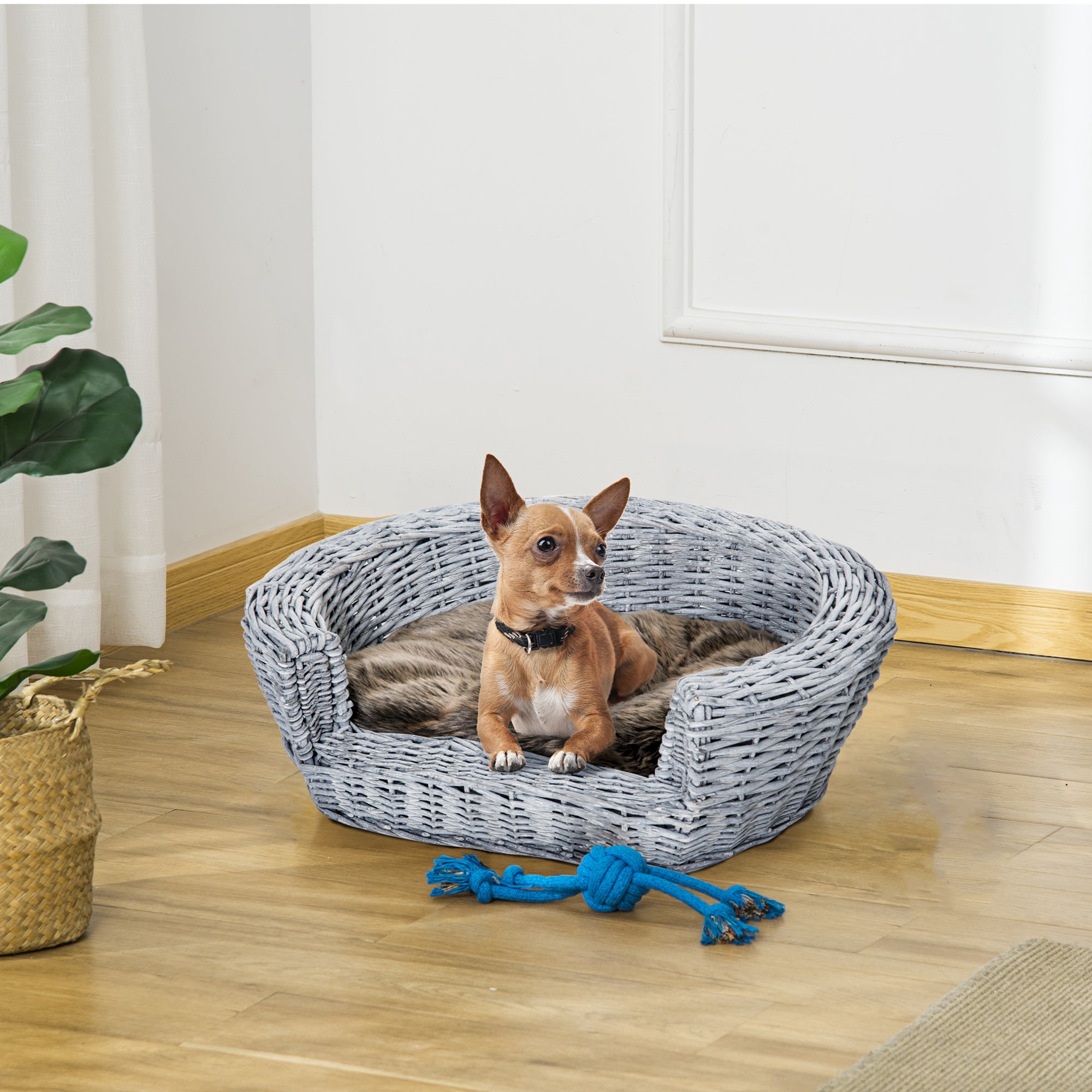 PawHut Willow Pet Sofa: Rattan Basket with Soft Cushion for Cats & Small Dogs, Durable Design, 57Lx46Wx17.5H cm, Grey