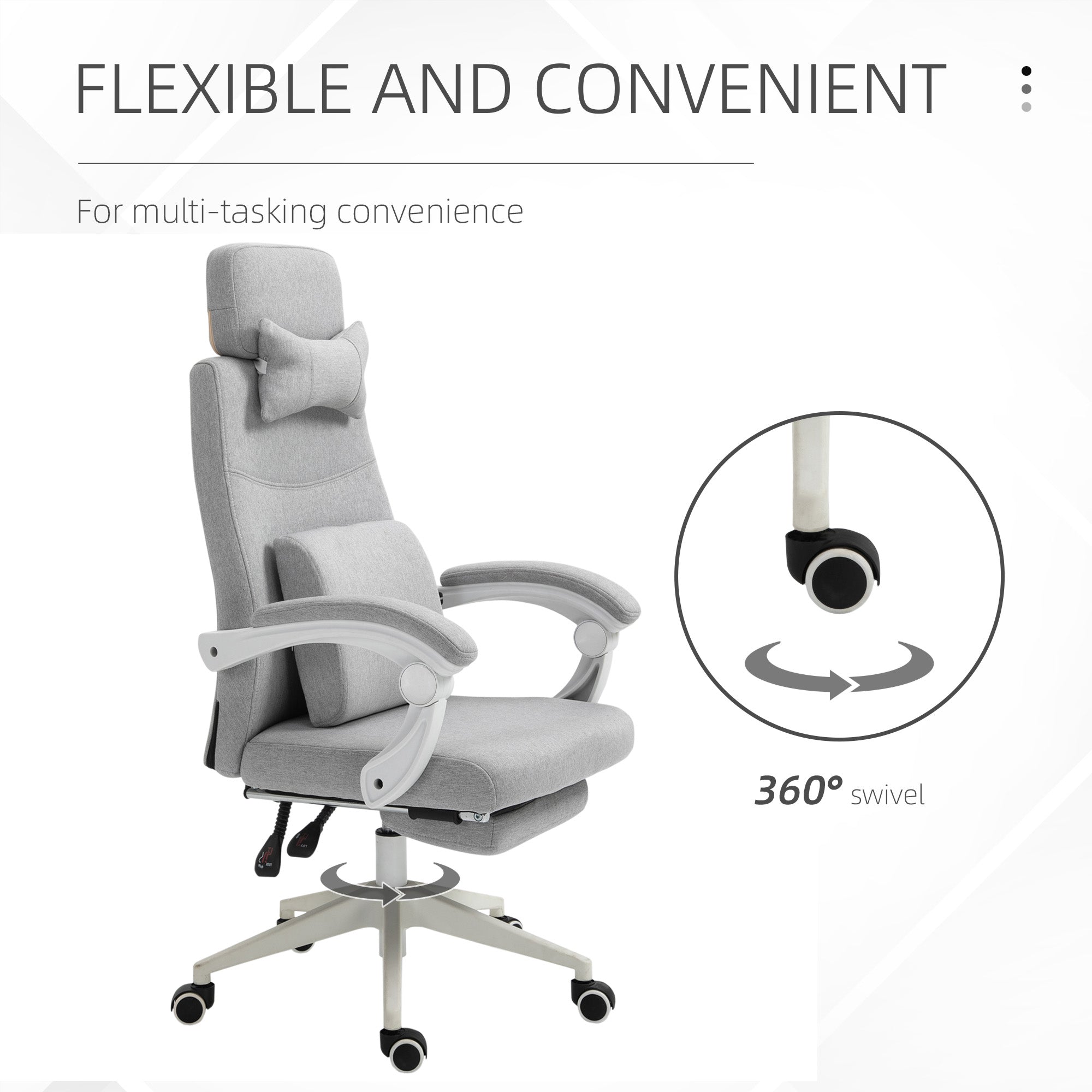 Vinsetto Office Chair, Ergonomic Desk Chair, High Back Fabric Work Chair with 160° Reclining Backrest, Retractable Footrest, Neck and Lumbar Pillow for Home and Study, Grey - North Peak Garden Furniture
