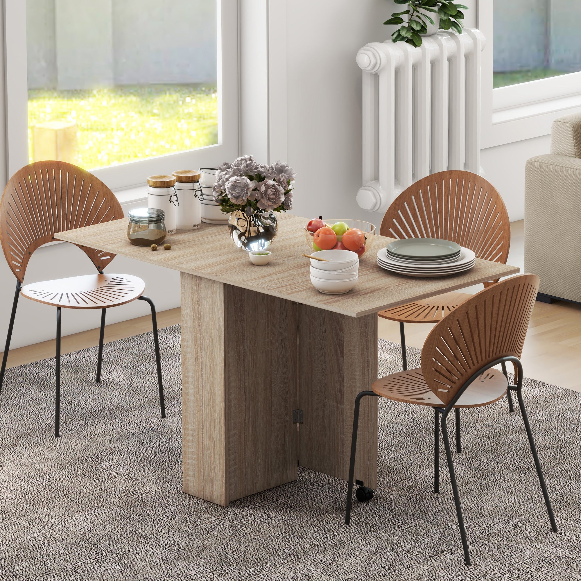 HOMCOM Folding Dining Table, Drop Leaf Table for Small Spaces with 2-tier Shelves, Small Kitchen Table with Rolling Casters, Natural - North Peak Garden Furniture