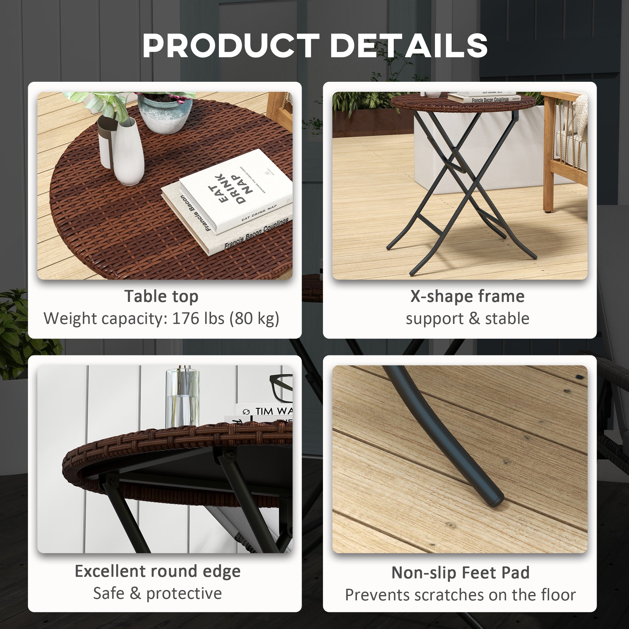 Outsunny Foldable PE Rattan Outdoor Coffee Table, Metal Frame Wicker Round Side Table, Coffee Table Side Table for Lawn, Garden, Mixed Brown - North Peak Garden Furniture