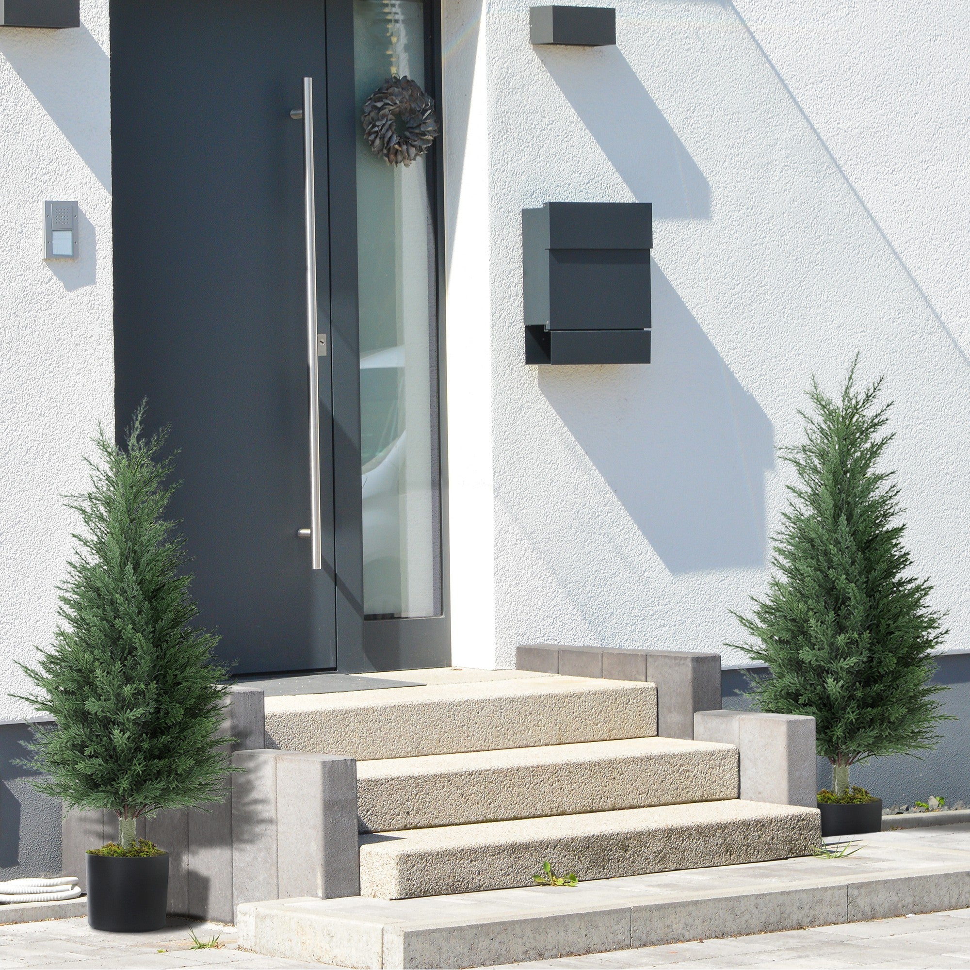 HOMCOM Set of 2 Decorative Artificial Plant, 90 cm Cypress Tree with 362 Leaves in Pot, UV-Resistant Plastic Fake Tree for Indoor Outdoor Home Office - North Peak Garden Furniture