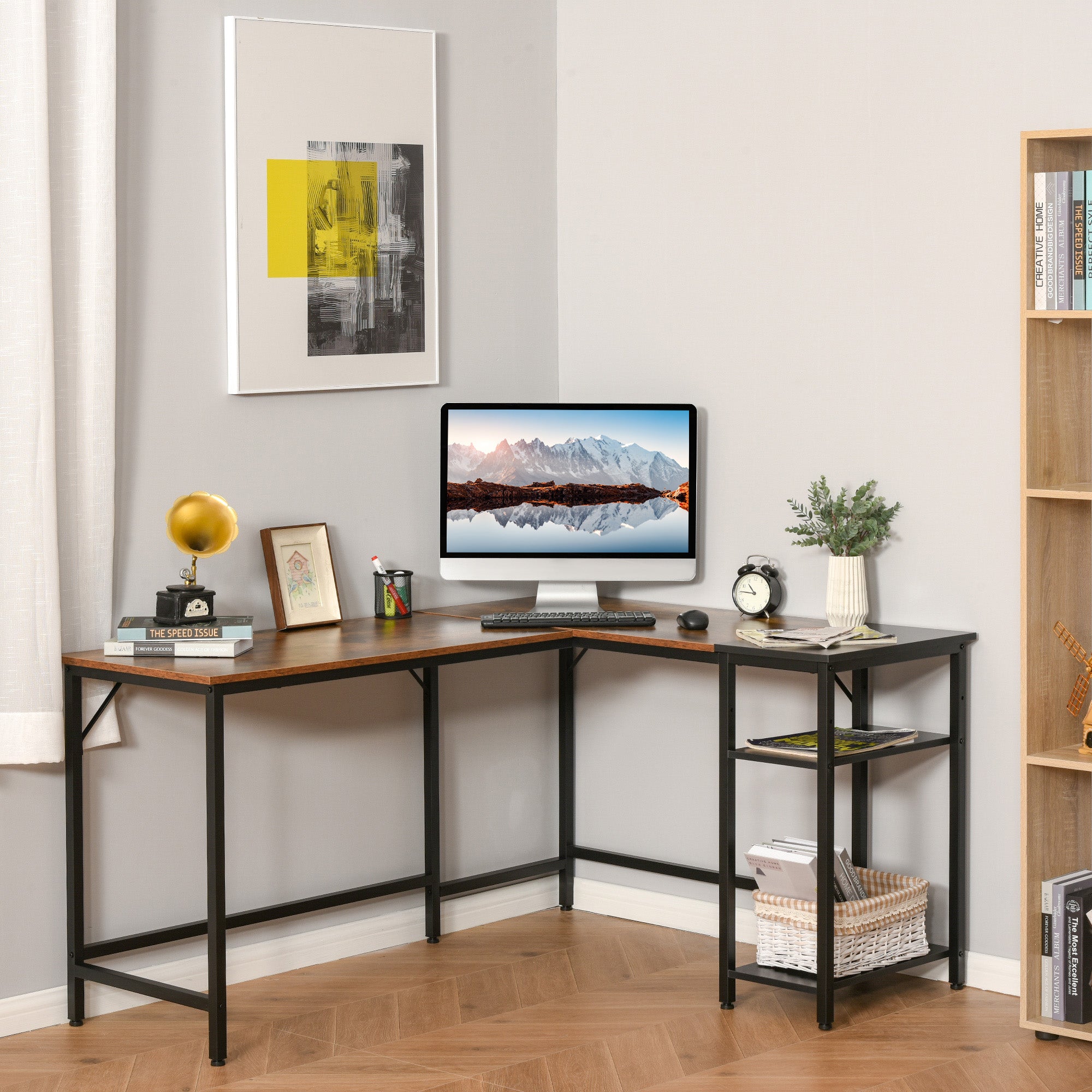 HOMCOM L-Shaped Computer Desk Industrial Corner Writing Desk with Adjustable Storage Shelf Space-Saving Home Office Workstation 150 x 120 x 75 cm Rustic Brown - North Peak Garden Furniture