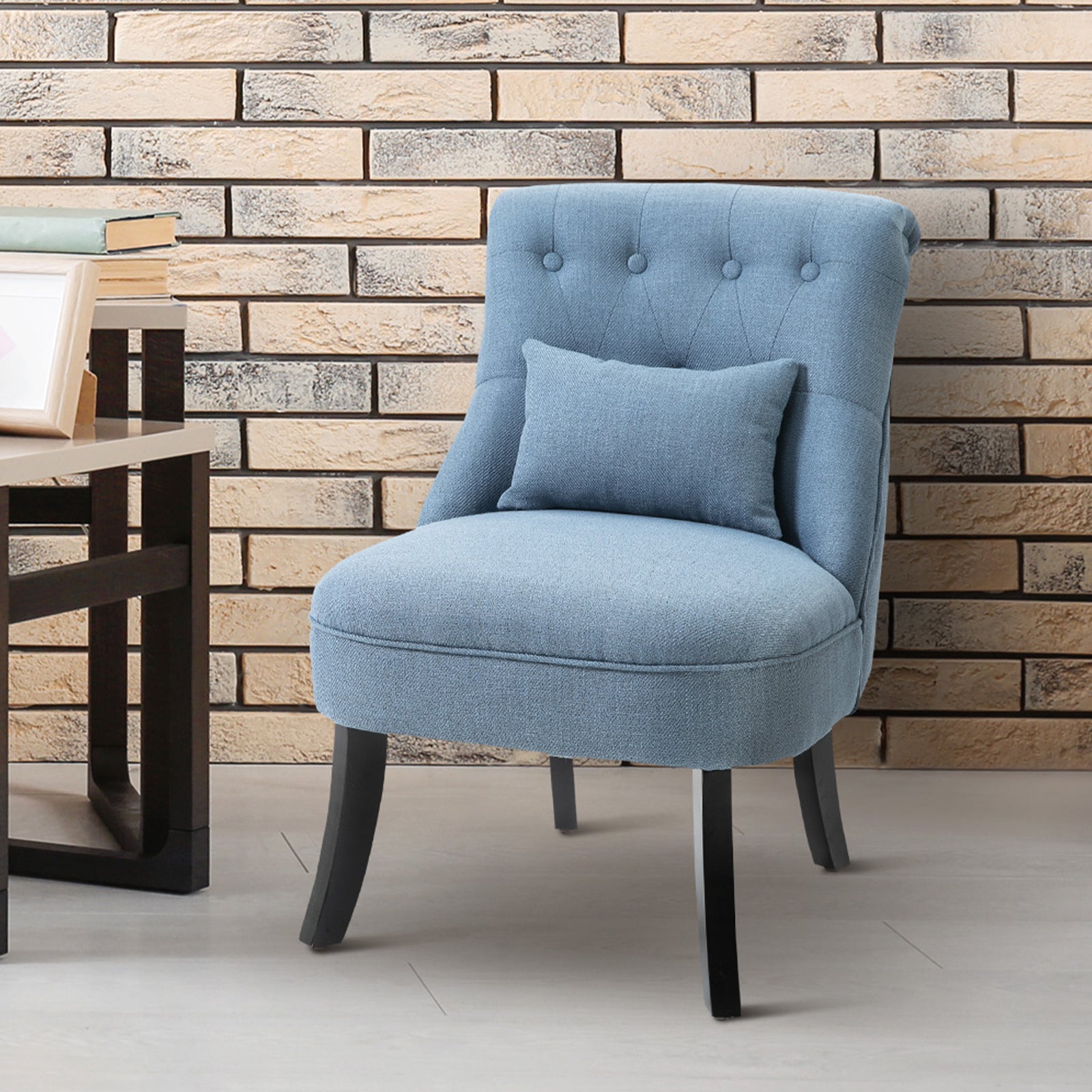 HOMCOM Fabric Single Sofa Dining Chair Tub Chair Upholstered W/ Pillow Solid Wood Leg Home Living Room Furniture Blue - North Peak Garden Furniture