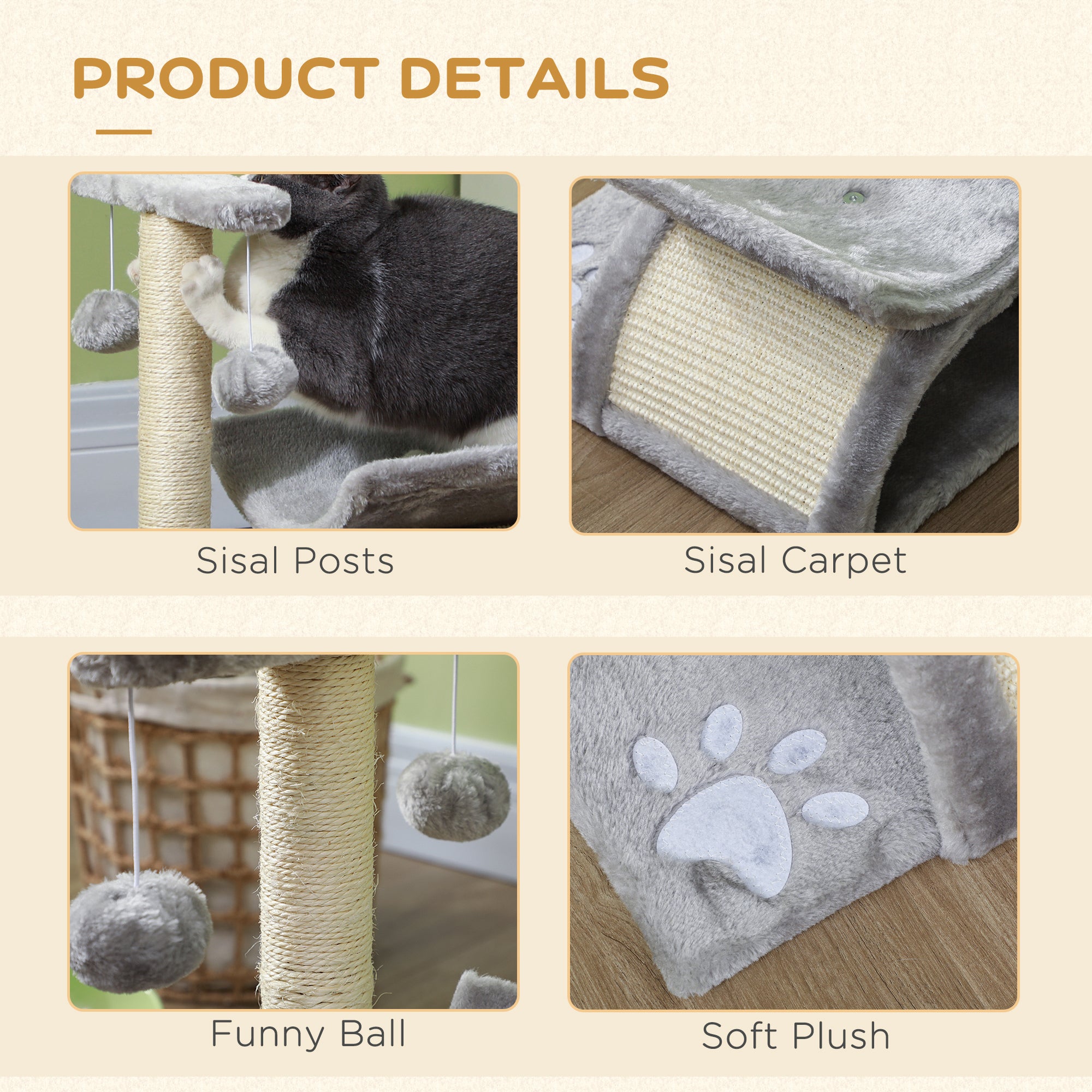 PawHut Cat Tree, Cat Tower for Kittens, Small Cat Condo with Rotatable Top Bar, Sisal Scratching Post, Tunnel, Dangling Balls - Grey - North Peak Garden Furniture