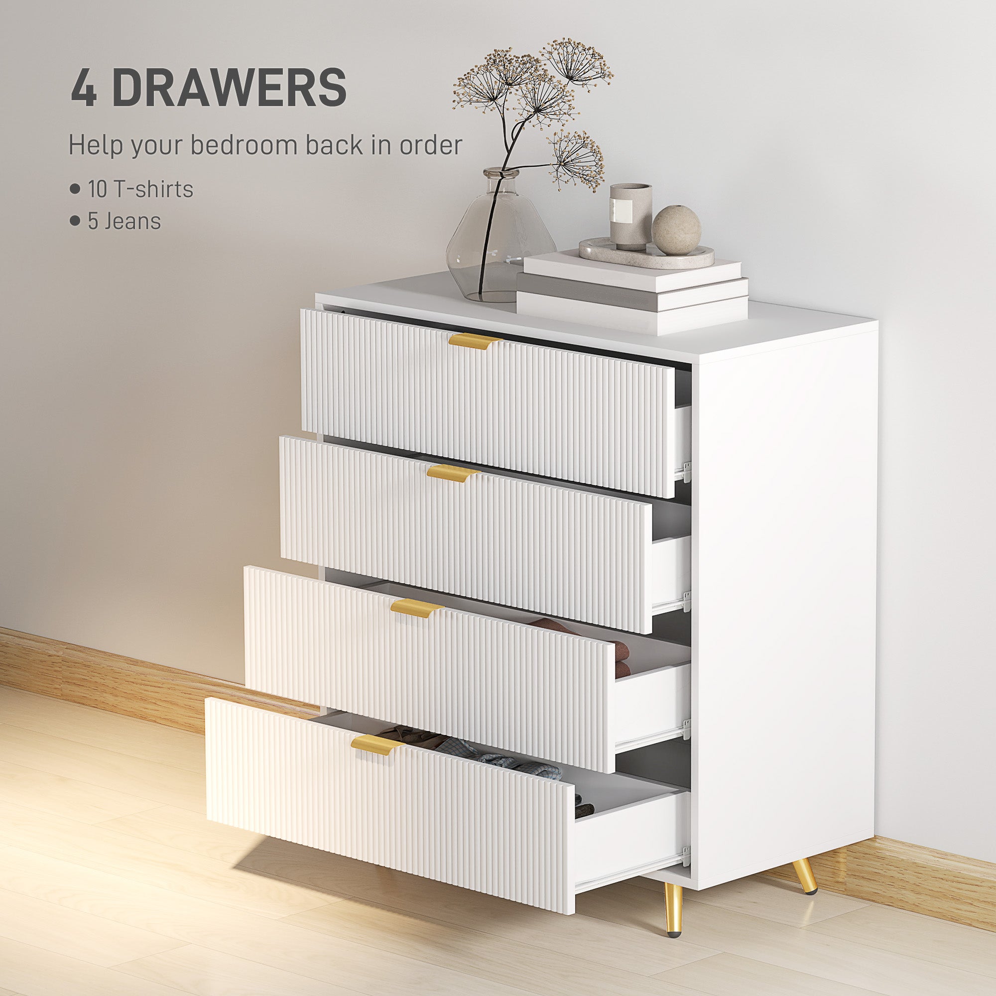 HOMCOM Elegant Four-Drawer Bedside Table - White - North Peak Garden Furniture
