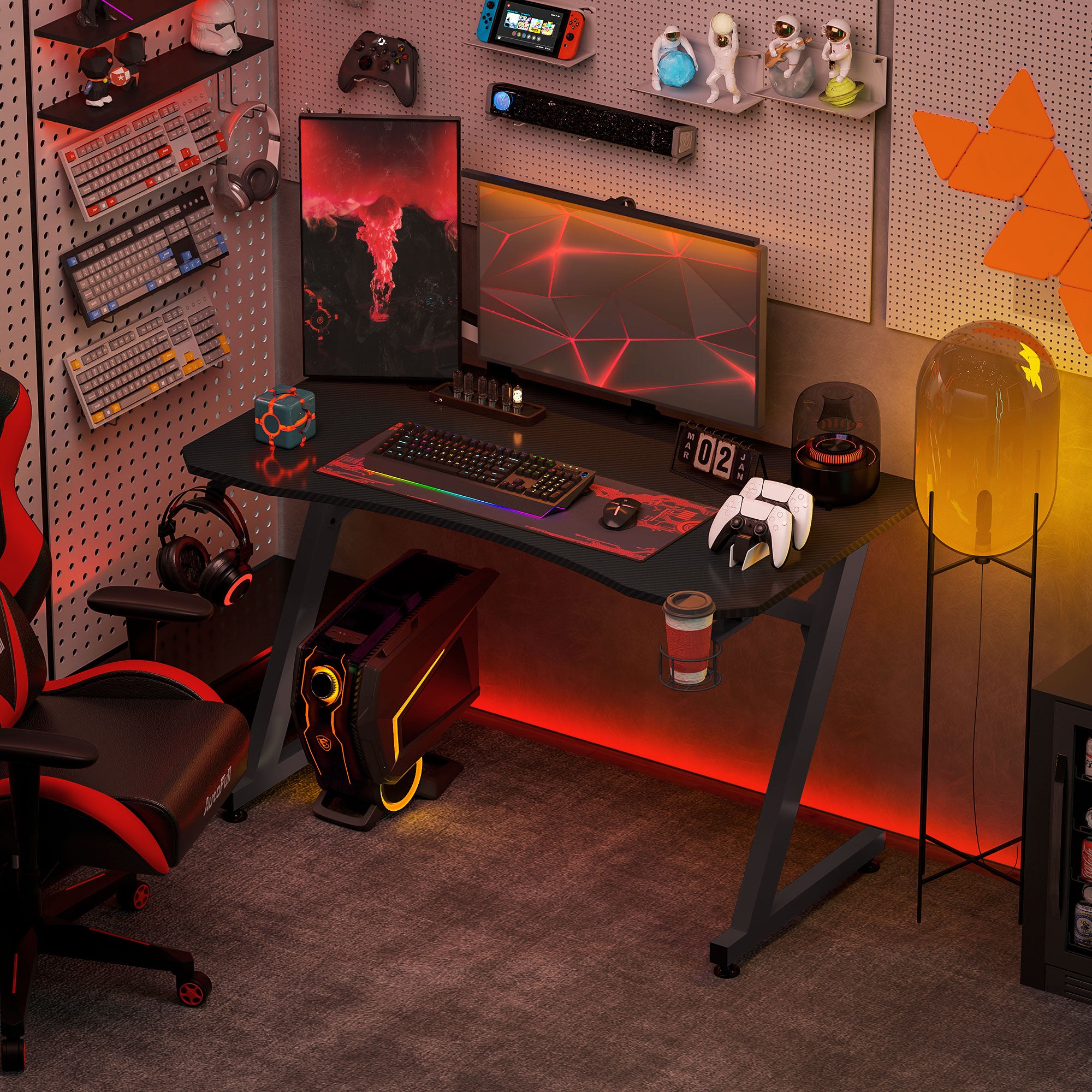 HOMCOM Gaming Desk 120 x 65 cm Steel Frame with Cup Holder, Headphone Hook, Adjustable Feet and Cable Organiser, Home Office Computer Table, Black - North Peak Garden Furniture