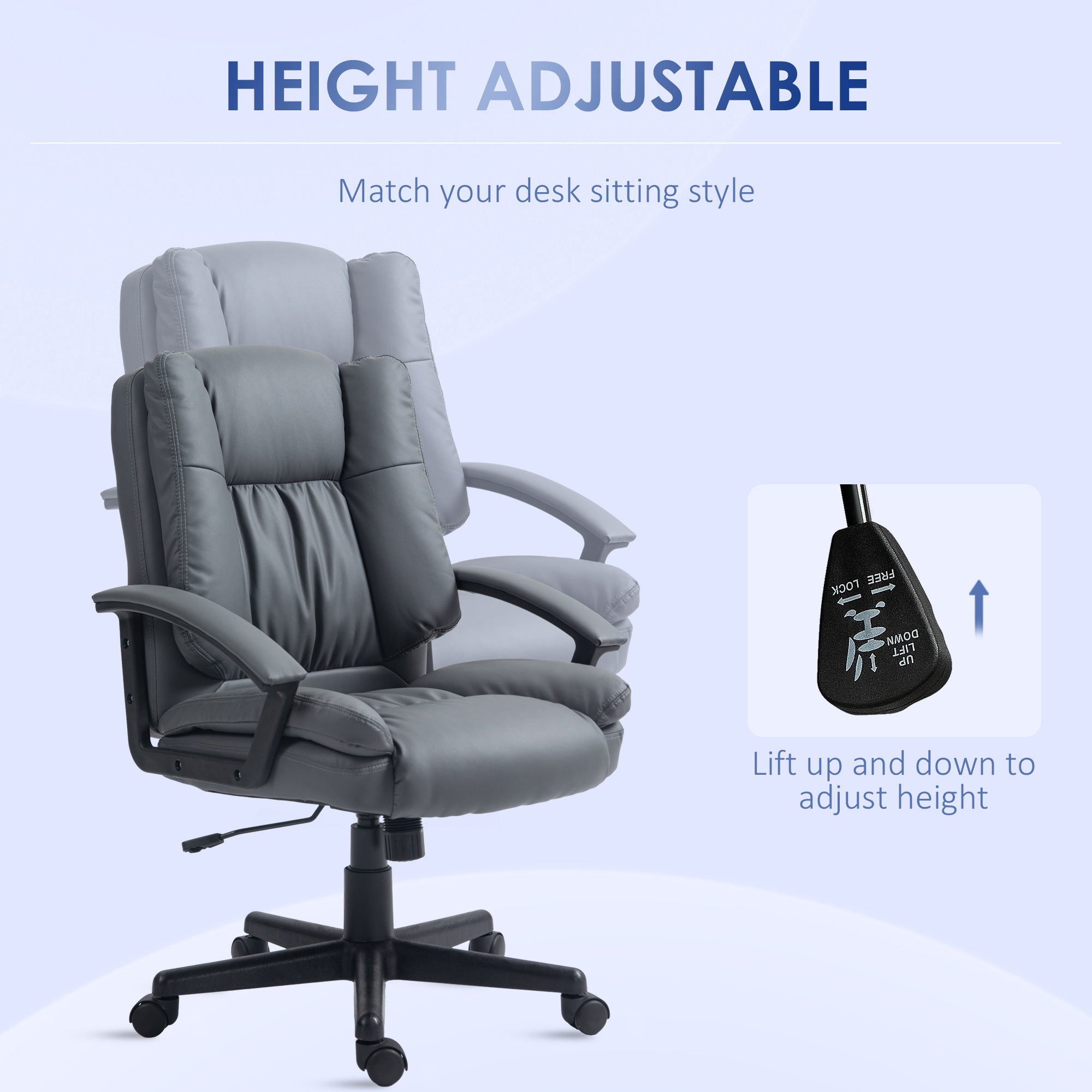 HOMCOM Office Chair, Faux Leather Computer Desk Chair, Mid Back Executive Chair with Adjustable Height and Swivel Rolling Wheels for Home Study, Dark Grey