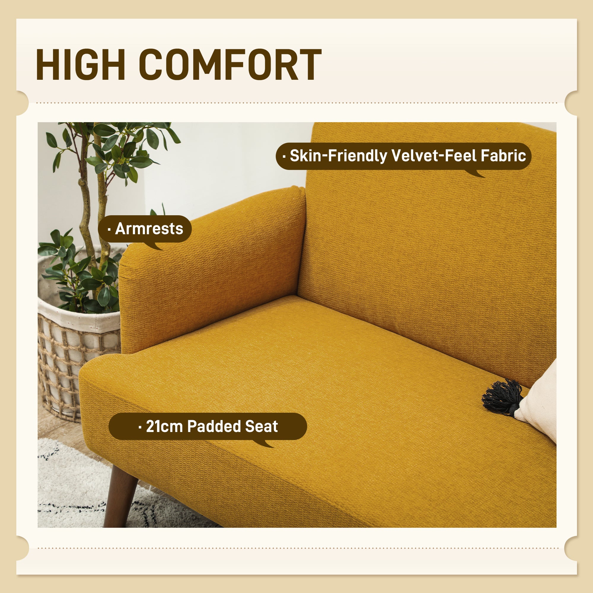 HOMCOM Velvet Feel Fabric 2 Seater Sofa, Small Sofa Loveseat with 21cm Thick Padding and Wood Legs, Yellow - North Peak Garden Furniture