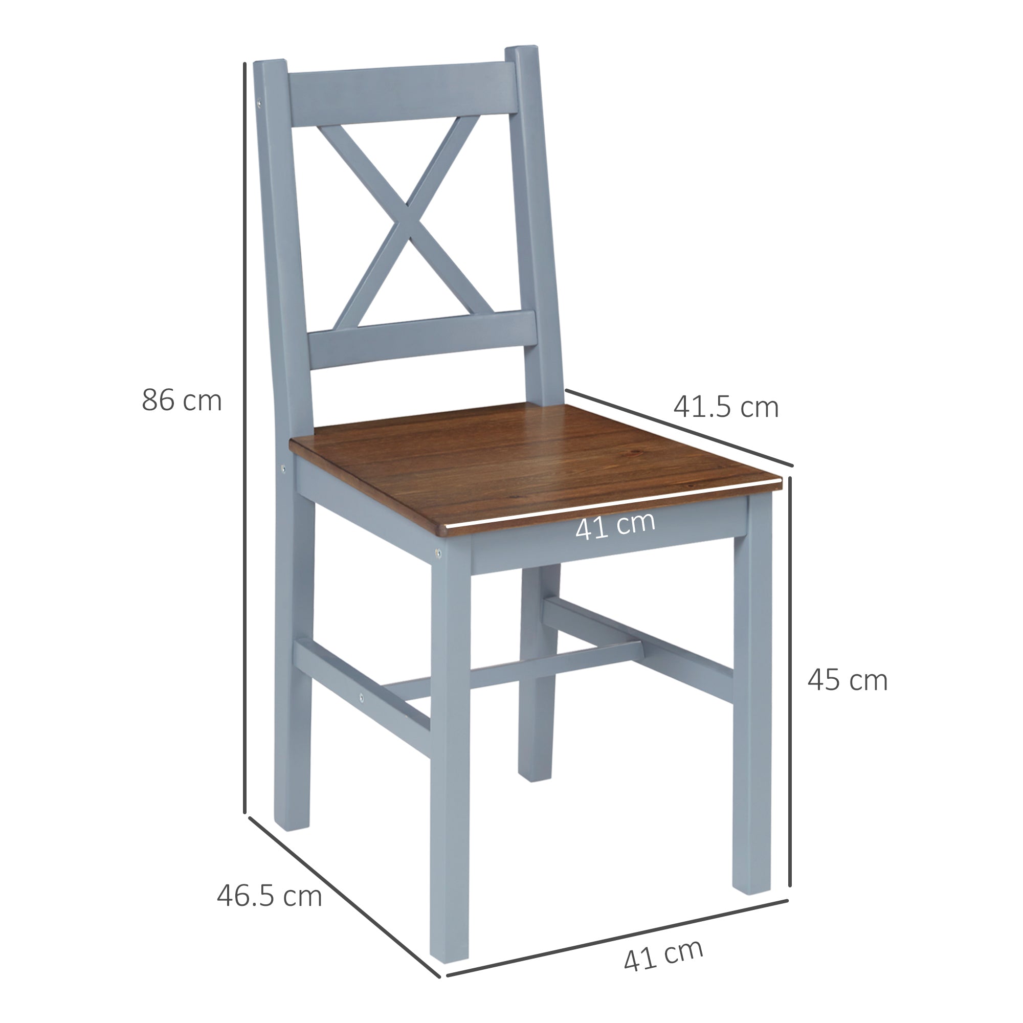 HOMCOM Dining Chairs Set of 2, Pine Wood Kitchen Chairs with Cross Back, Solid Structure for Living Room and Dining Room, Grey - North Peak Garden Furniture
