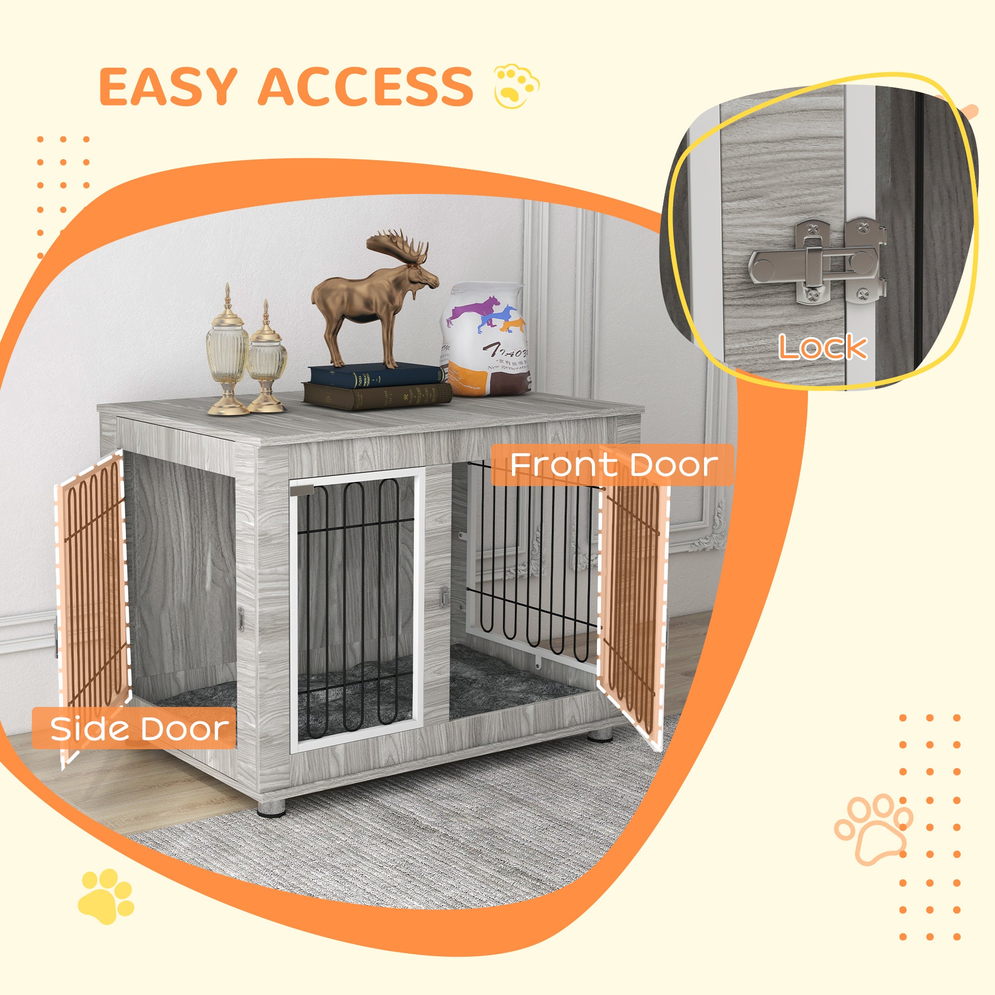 PawHut Indoor Dog Kennel w/ Soft Cushion, Double Door for Large Dogs, 106 x 74 x 81.5cm, Grey - North Peak Garden Furniture