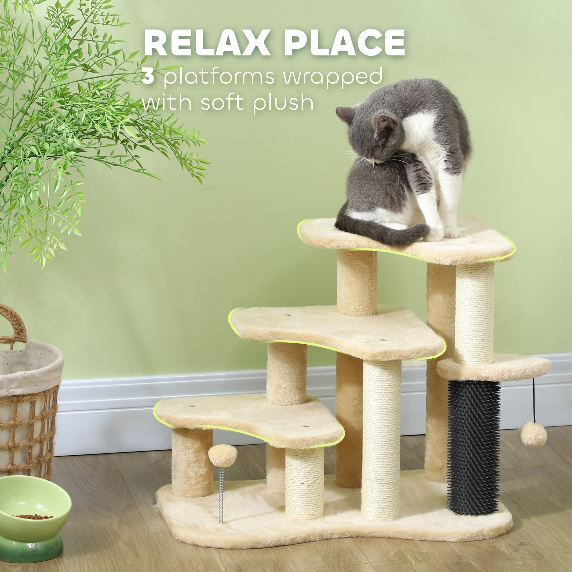 PawHut 2-in-1 Cat Tree, Pet Stairs with Scratching Tickling Post, Toy Balls, for Bed, Sofa, Couch, Beige - North Peak Garden Furniture