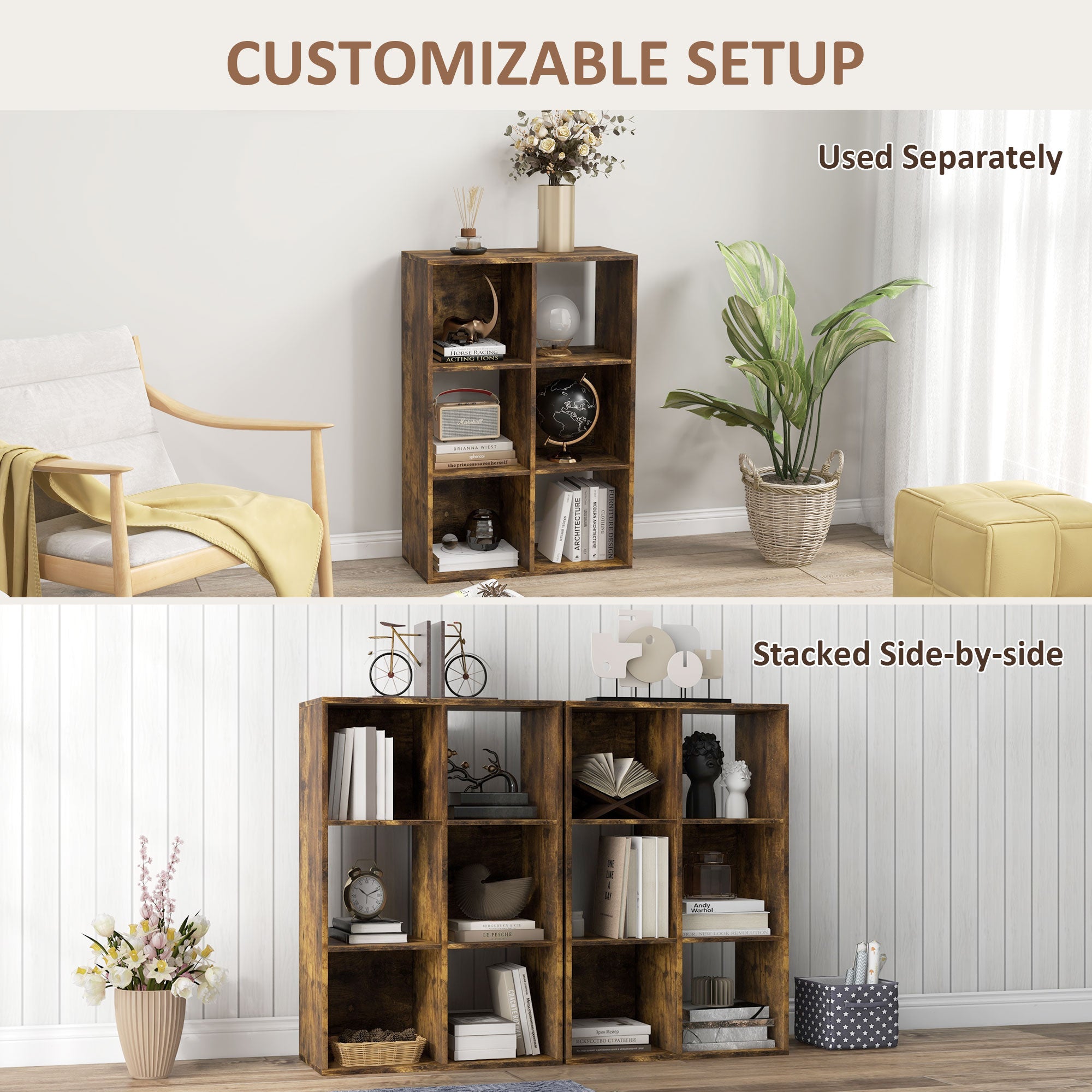 HOMCOM 3-tier 6 Cubes Storage Unit Particle Board Cabinet Bookcase Organiser Home Office Shelves Rustic Brown - North Peak Garden Furniture