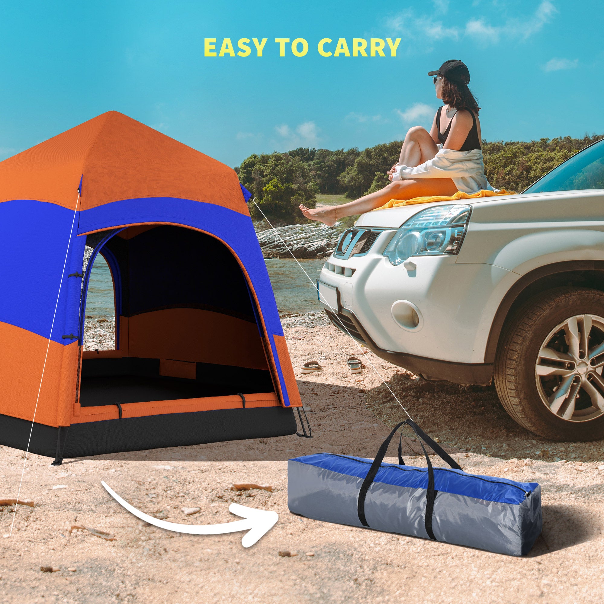 Outsunny Double Layer Dome Tent with Rainfly and Welded Floor, 4 Man Hexagon Pop Up Tent, Portable Camping Shelter with Hang Hook and Carry Bag, for Festival Hiking Family, Orange and Blue