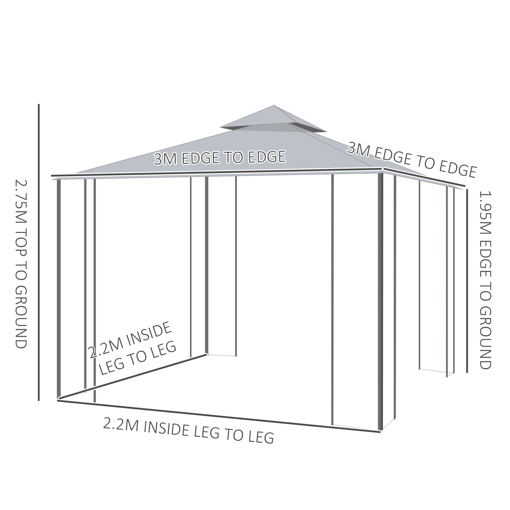 Outsunny 3(M)x3(M) Garden Gazebo Double Top Outdoor Canopy Patio Event Party Wedding Tent Backyard Sun Shade with Netting - Grey - North Peak Garden Furniture