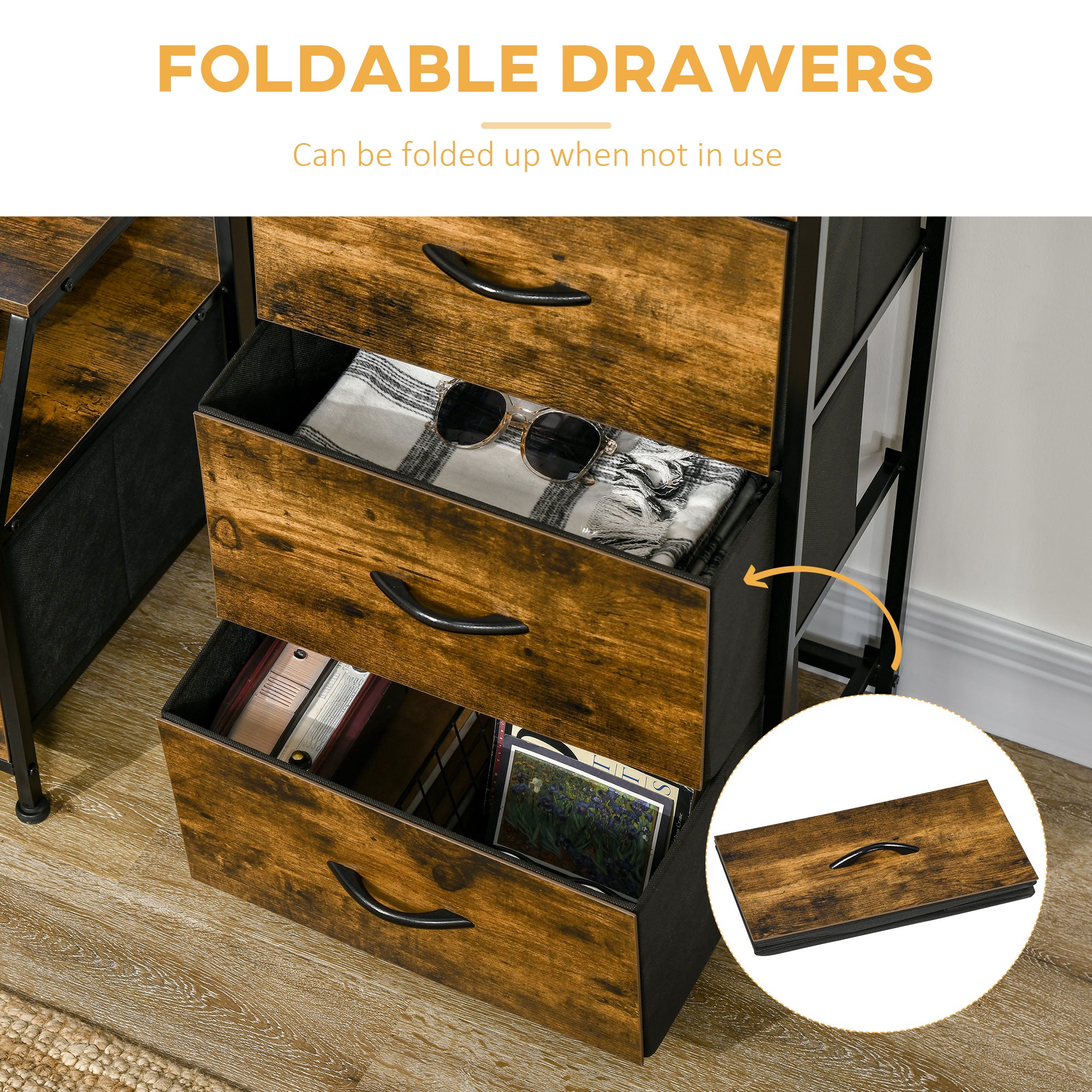 HOMCOM Industrial Storage Cabinet, Fabric Chest of Drawers with Display Shelves, 3 Drawers Storage Unit for Living Room, Rustic Brown - North Peak Garden Furniture