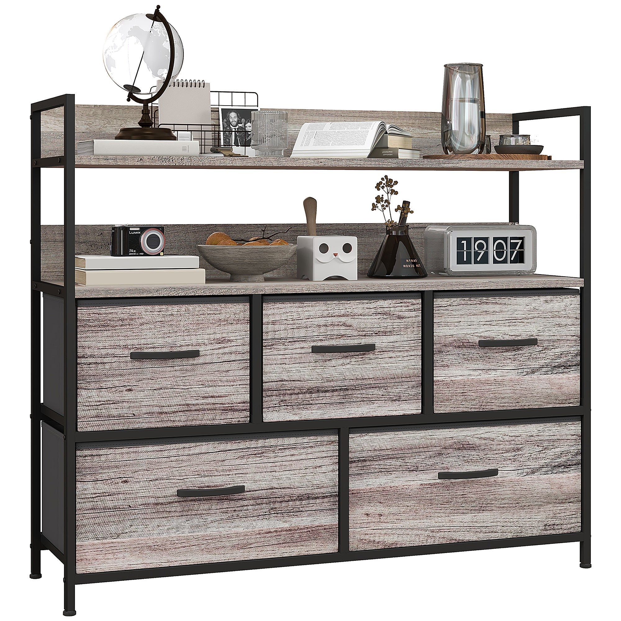 HOMCOM Rustic Chest of Five Fabric Drawers - Grey Wood Effect - North Peak Garden Furniture