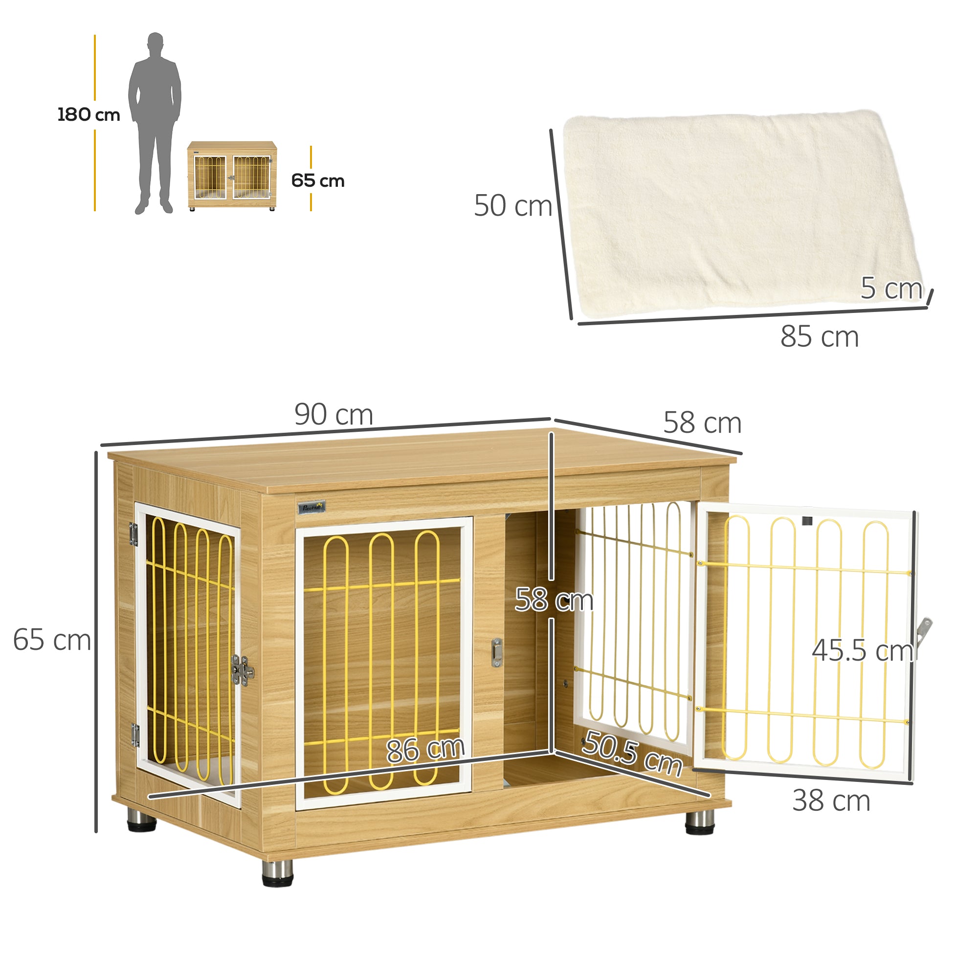 PawHut Dog Crate Furniture, Dog Cage End Table. with Soft Cushion, Double Door - Oak Tone - North Peak Garden Furniture