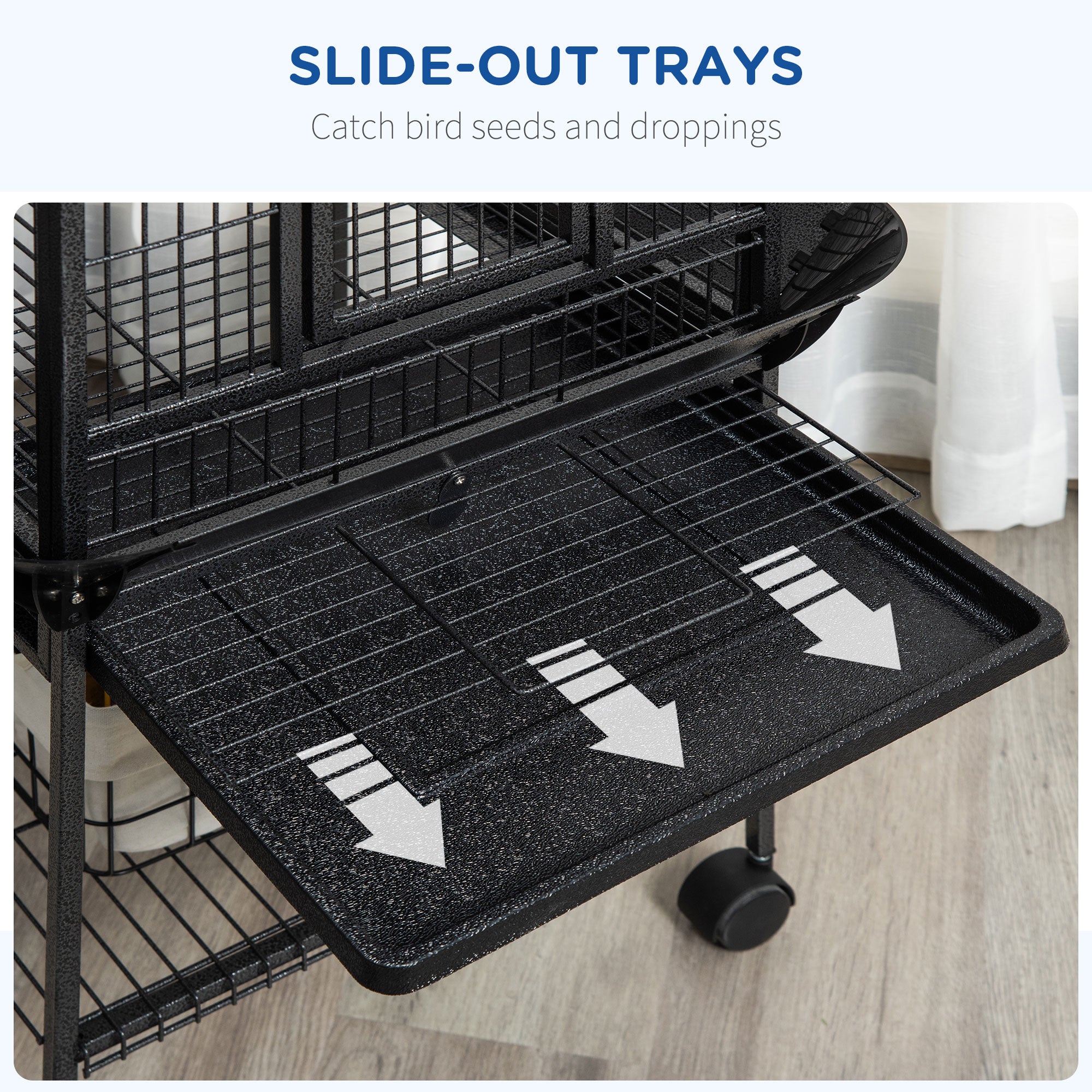 PawHut 156cm Bird Cage,Large Parrot Cage with Open Play Top, Perch, Seed Guard, Wheels, Storage Shelf, Dark Grey