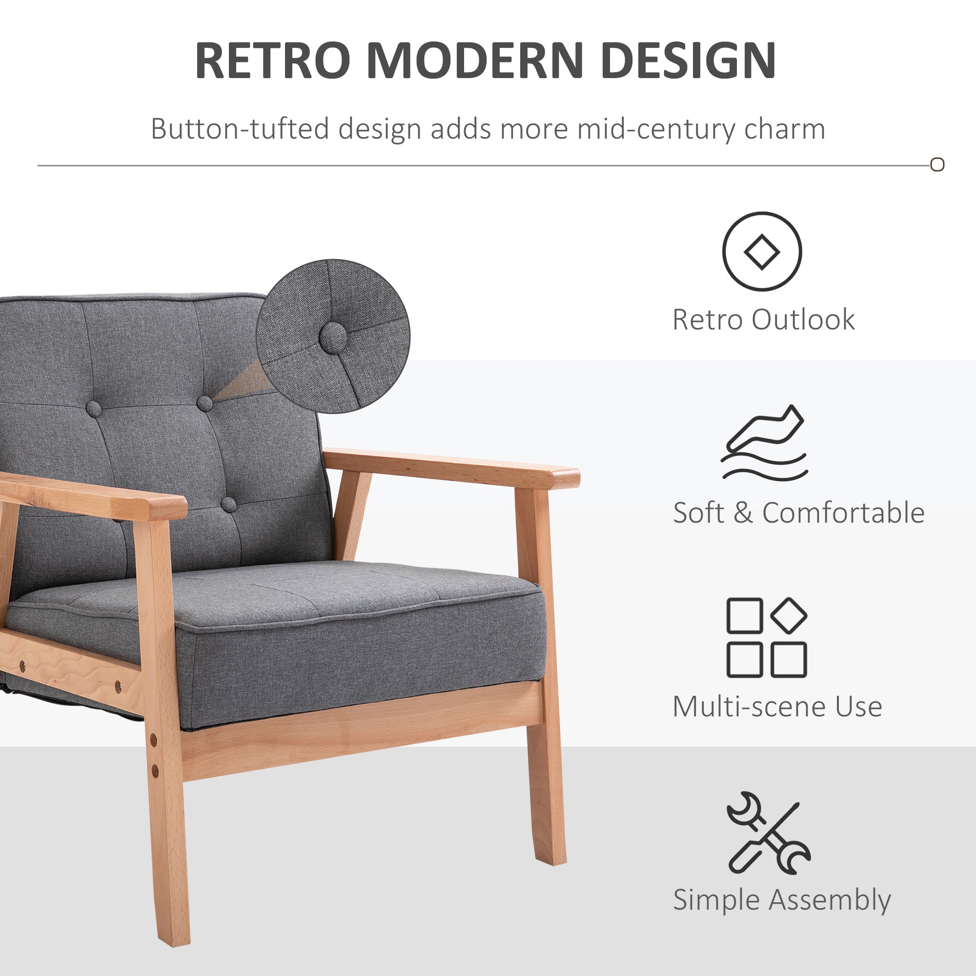 HOMCOM Armchair, Linen Fabric Accent Chair, Occasional Chair with Beech Wood Frame for Living Room, Reception, Bedroom, Balcony, Set of 2, Grey and Natural - North Peak Garden Furniture