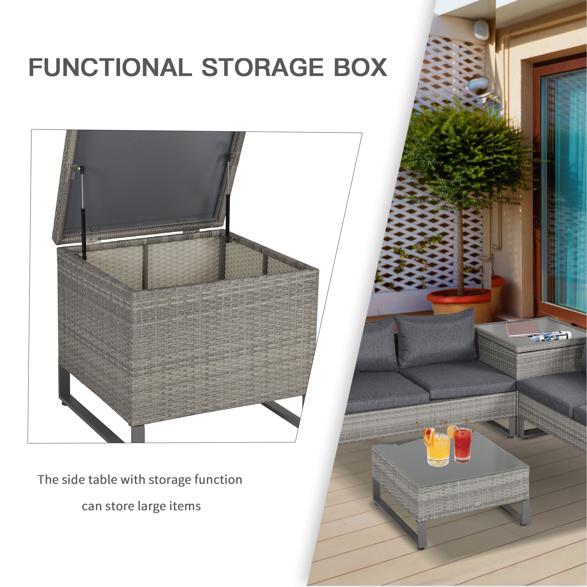 Outsunny 4 PCs PE Rattan Wicker Sofa Set Outdoor Conservatory Furniture Lawn Patio Coffee Table w/ Side Storage Box & Cushion, Grey - North Peak Garden Furniture
