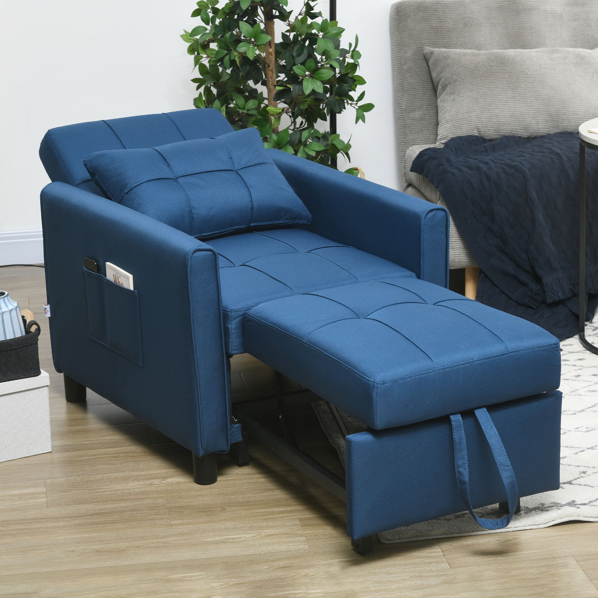 HOMCOM 3-In-1 Convertible Chair Bed, Pull Out Sleeper Chair with Adjustable Backrest, Side Pockets, Blue - North Peak Garden Furniture