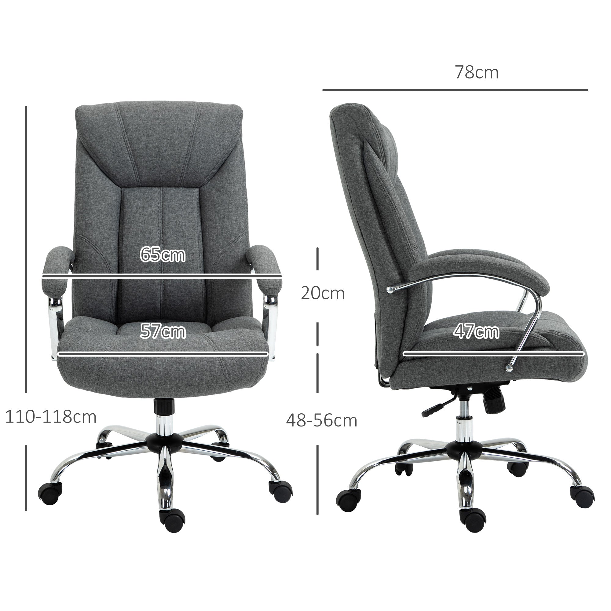Vinsetto Office Chair, Fabric Desk Chair, Padded Executive Chair with Adjustable Height, Swivel Wheels, Metal Star Base, Grey - North Peak Garden Furniture