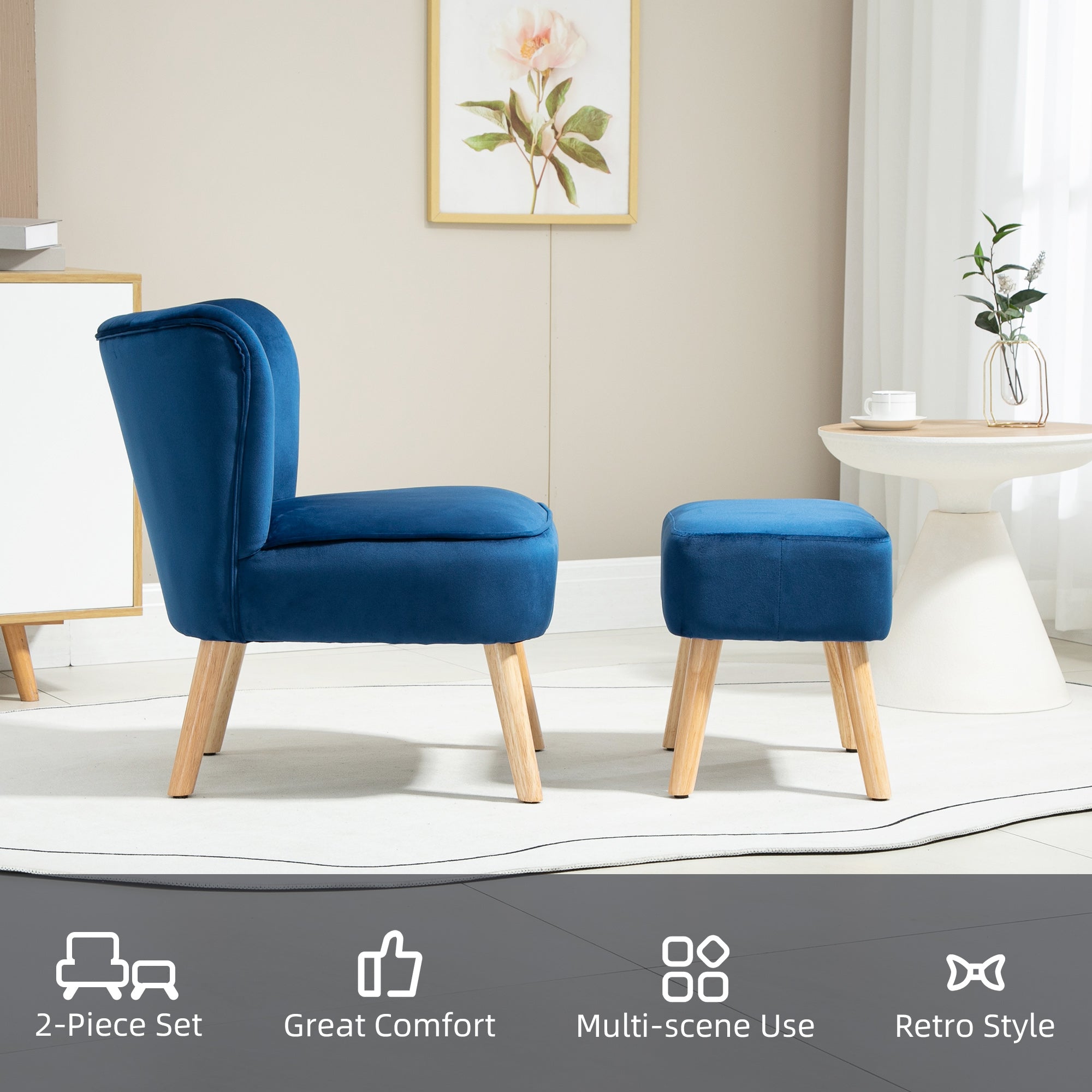 HOMCOM Velvet Accent Chair Occasional Tub Seat Padding Curved Back w/ Ottoman Wood Frame Legs Home Furniture, Dark Blue - North Peak Garden Furniture