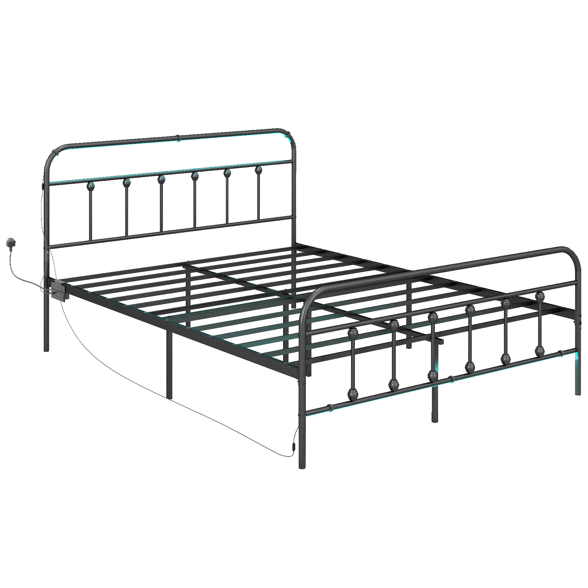 HOMCOM Double Bed Frame with LED Lights and Charging Station, Metal Platform Bed Frame with Under Bed Storage, Black - North Peak Garden Furniture