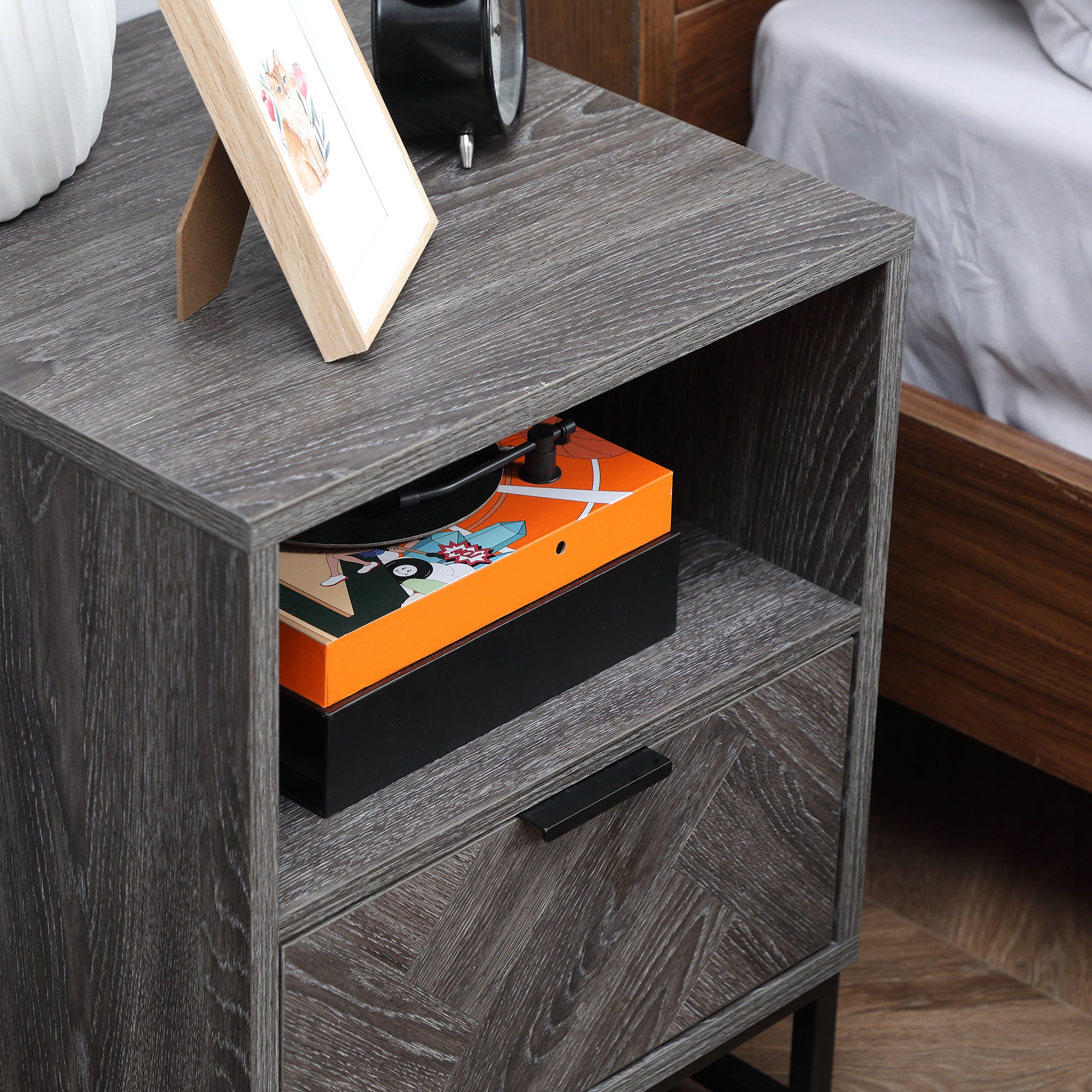 HOMCOM Bedside Table with Drawer and Shelf, Side End Table with Steel Legs for Living Room, Bedroom, Dark Grey - North Peak Garden Furniture
