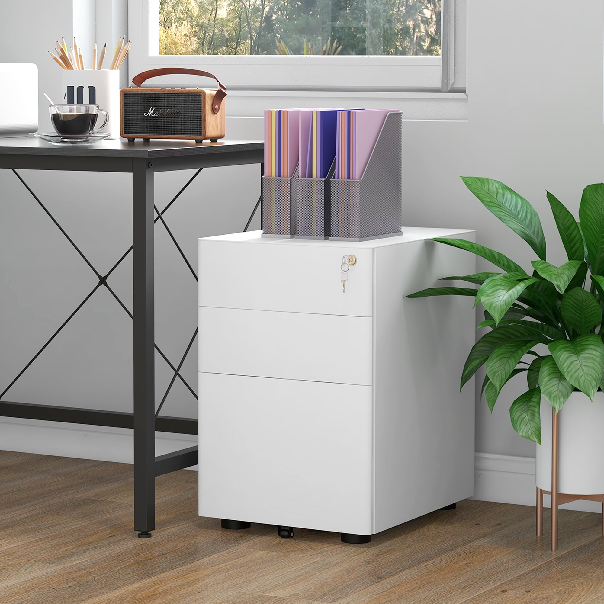 Vinsetto Lockable Cabinet, Rolling Filing Cabinet with 3 Drawers, Steel Office Drawer Unit for A4, Letter, Legal Sized Files - North Peak Garden Furniture