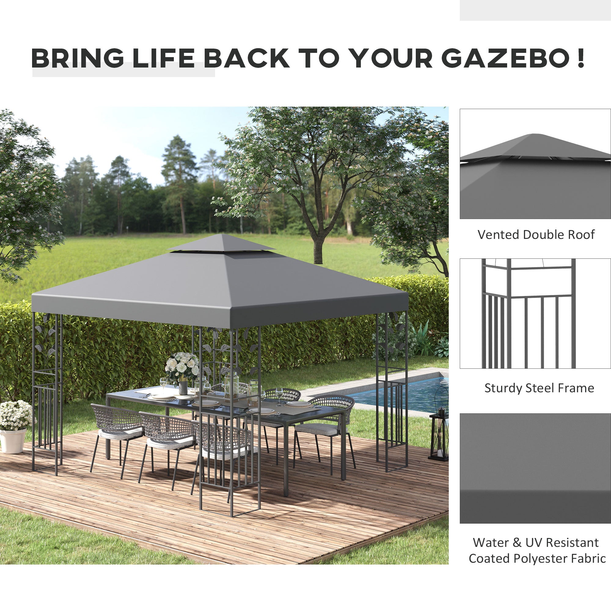 Outsunny 3 x 3m Outdoor Steel Gazebo with 2 Tier Roof, Garden Gazebo Patio Canopy Marquee Shelter with Decorative Steel Frame - Grey - North Peak Garden Furniture