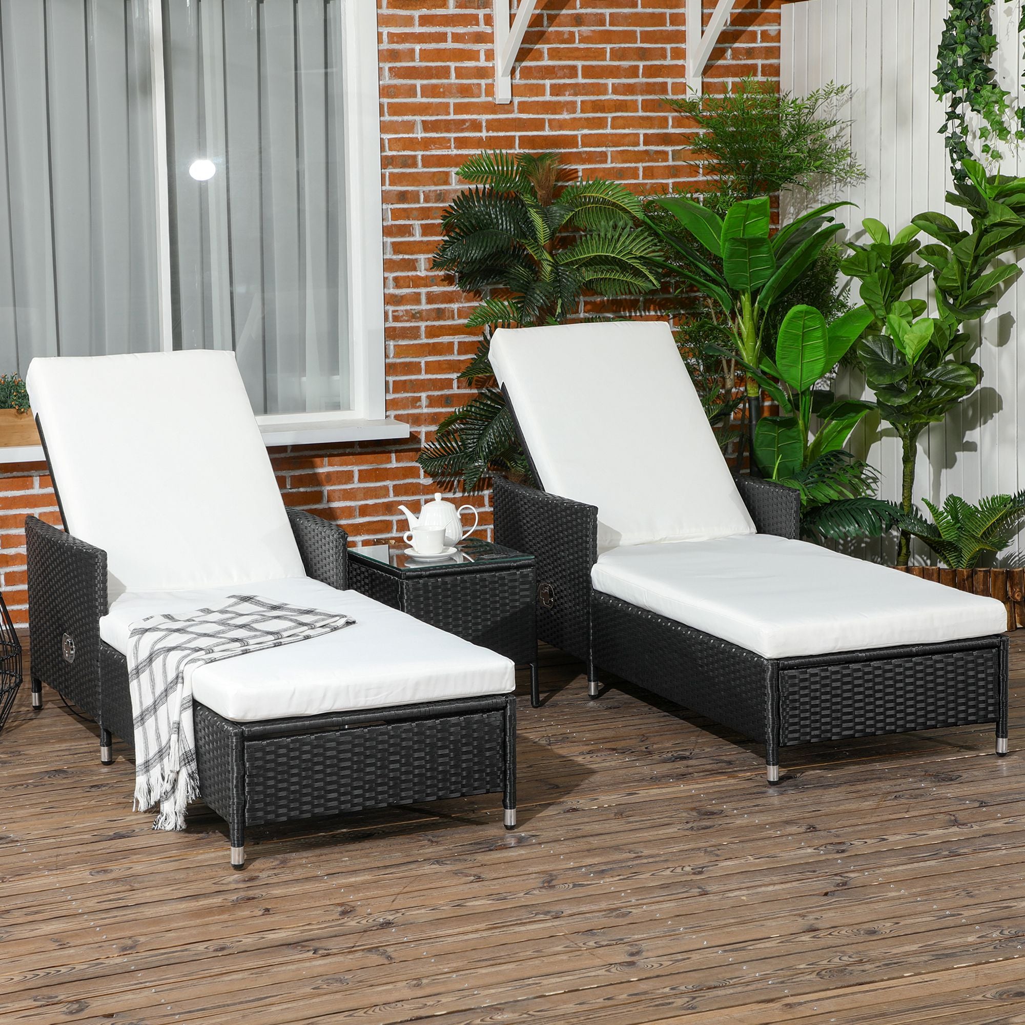 Outsunny 3-Pieces PE Rattan Sun Lounger, Patio Chaise Lounge Chair Set with Adjustable Backrest, Soft Cushions, Glass Top Coffee Table, Cream White