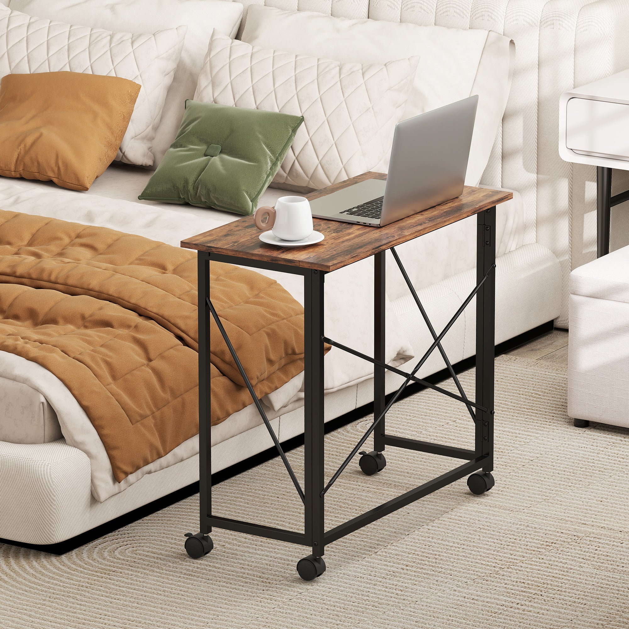 HOMCOM 80 cm Folding Desk on Wheels - Rustic Brown - North Peak Garden Furniture